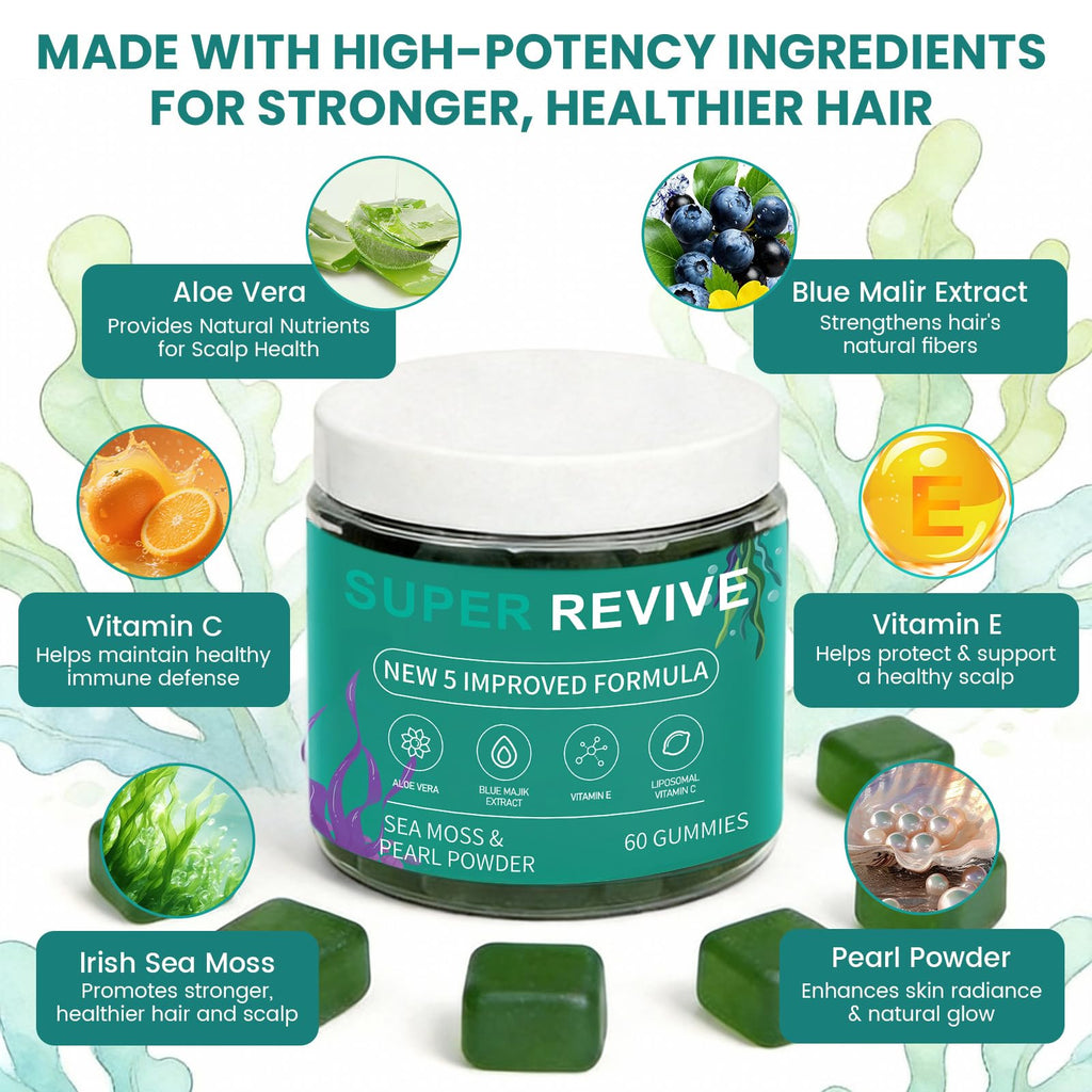 caicieter Super Revive Gummies for Hair Loss - Sea Moss Gummies with Vitamin C, E, Aloe Vera & Pearl Powder Glow, Promotes Thicker, Fuller & Stronger Hair - 60 Count - TrustMedUSA
