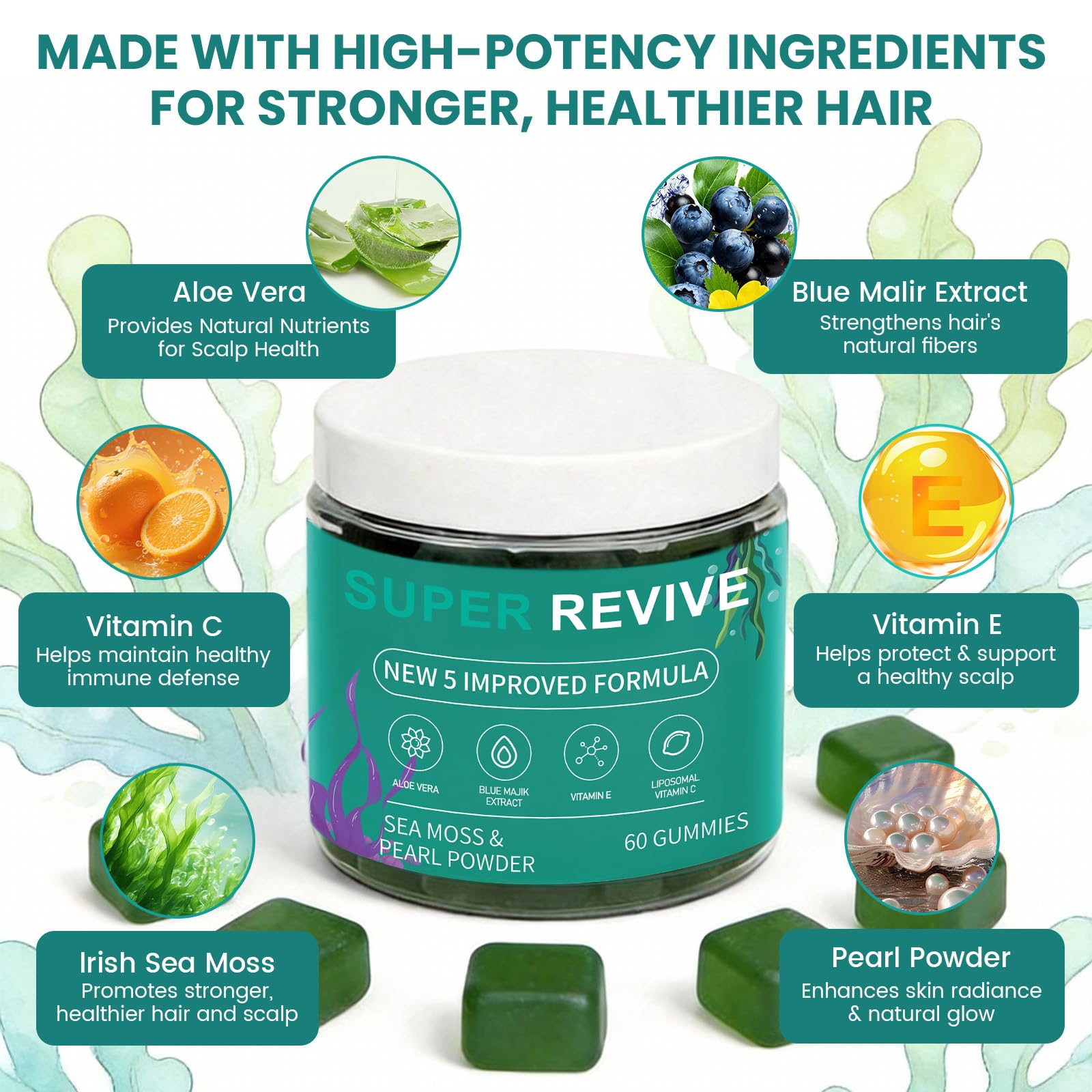 caicieter Super Revive Gummies for Hair Loss - Sea Moss Gummies with Vitamin C, E, Aloe Vera & Pearl Powder Glow, Promotes Thicker, Fuller & Stronger Hair - 60 Count - TrustMedUSA
