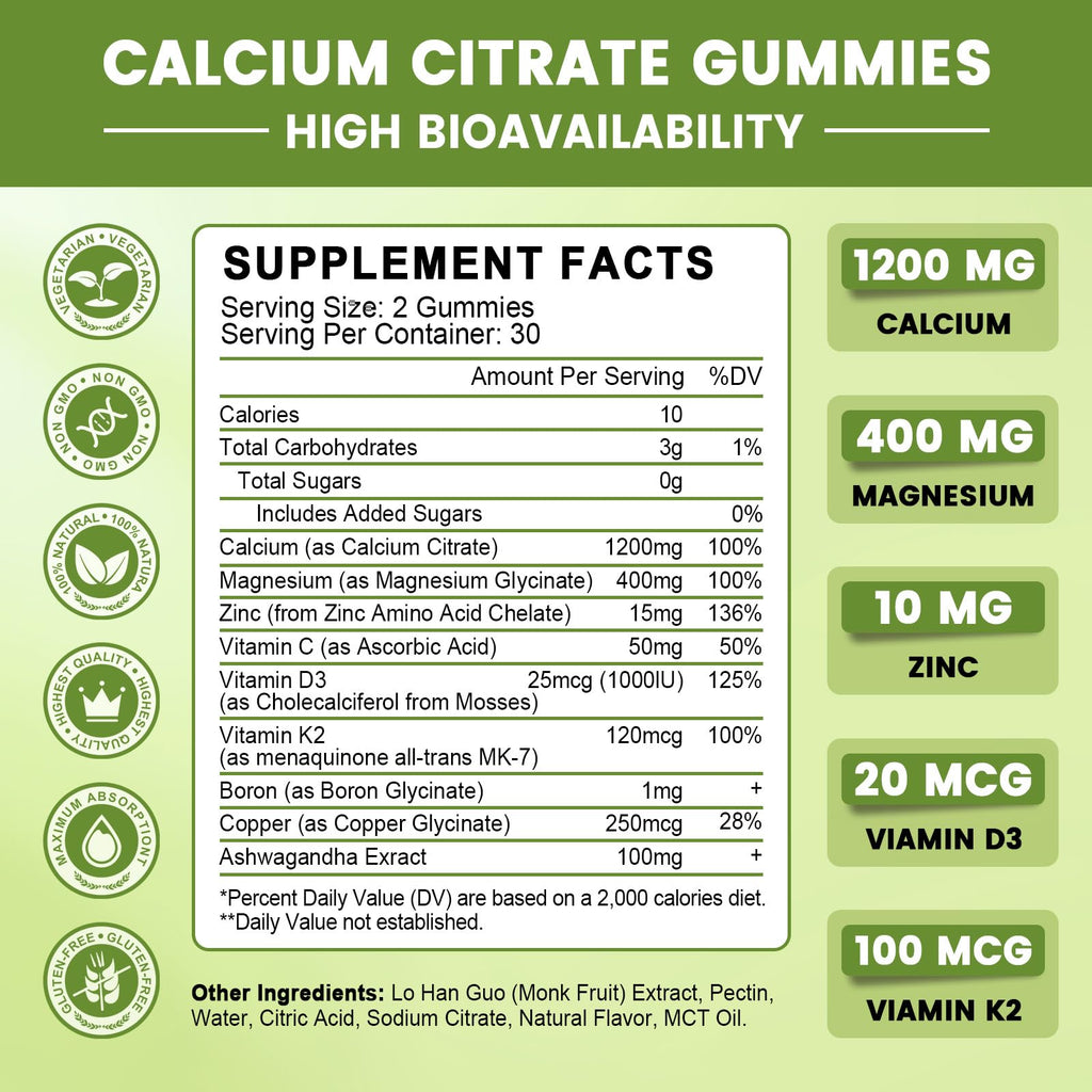 Calcium Citrate Gummies for Women, 1200mg Calcium Citrate Magnesium with Vitamin C D3 K2, Absorption Calcium Supplements for Bone, Muscle, Immune, Sugar Free (120Count) - TrustMedUSA