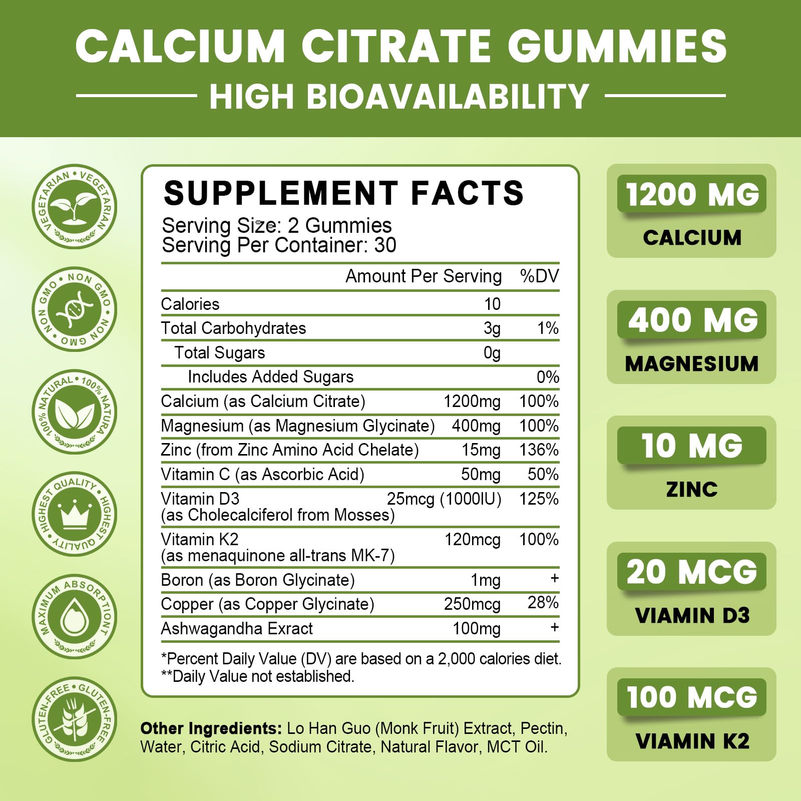Calcium Citrate Gummies for Women, 1200mg Calcium Citrate Magnesium with Vitamin C D3 K2, Absorption Calcium Supplements for Bone, Muscle, Immune, Sugar Free (120Count) - TrustMedUSA