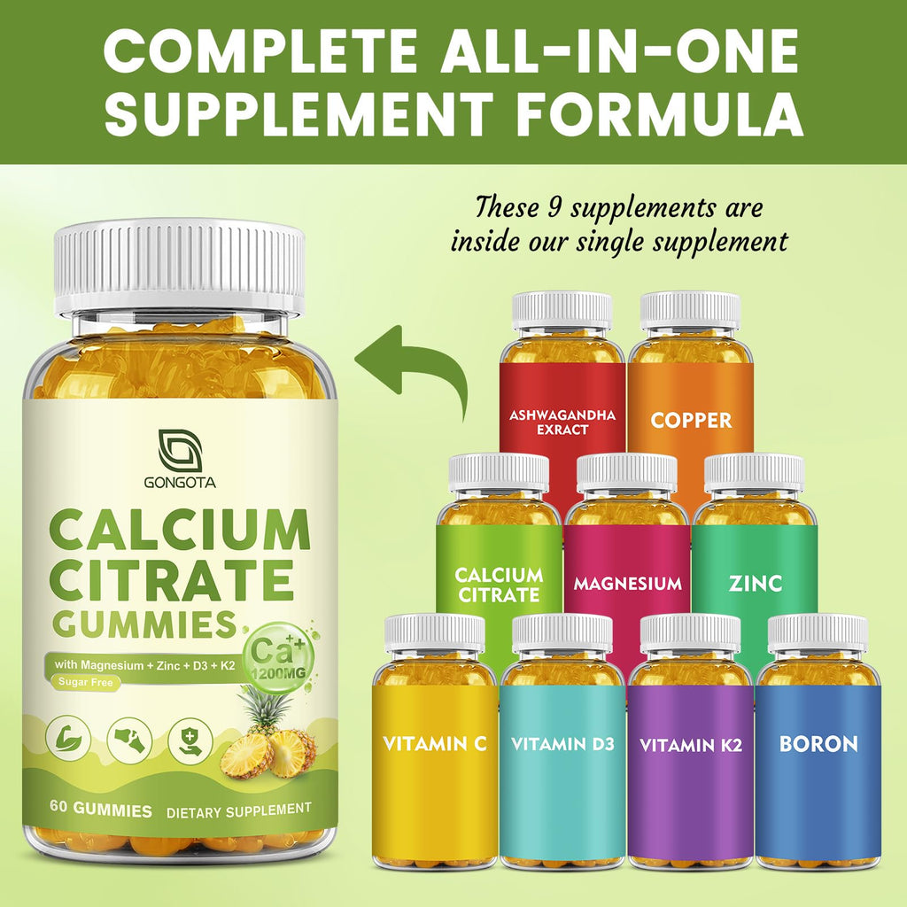 Calcium Citrate Gummies for Women, 1200mg Calcium Citrate Magnesium with Vitamin C D3 K2, Absorption Calcium Supplements for Bone, Muscle, Immune, Sugar Free (120Count) - TrustMedUSA