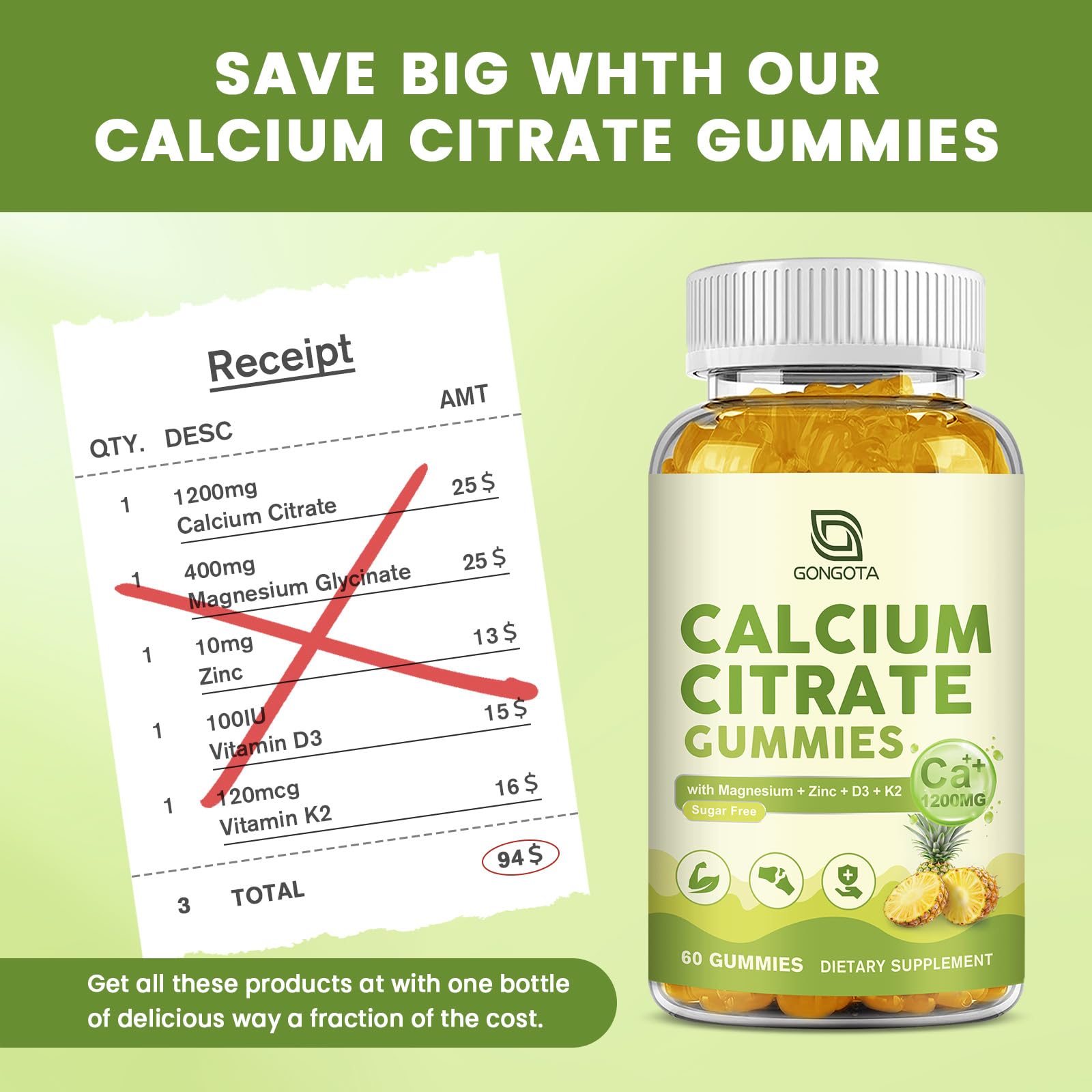 Calcium Citrate Gummies for Women, 1200mg Calcium Citrate Magnesium with Vitamin C D3 K2, Absorption Calcium Supplements for Bone, Muscle, Immune, Sugar Free (120Count) - TrustMedUSA