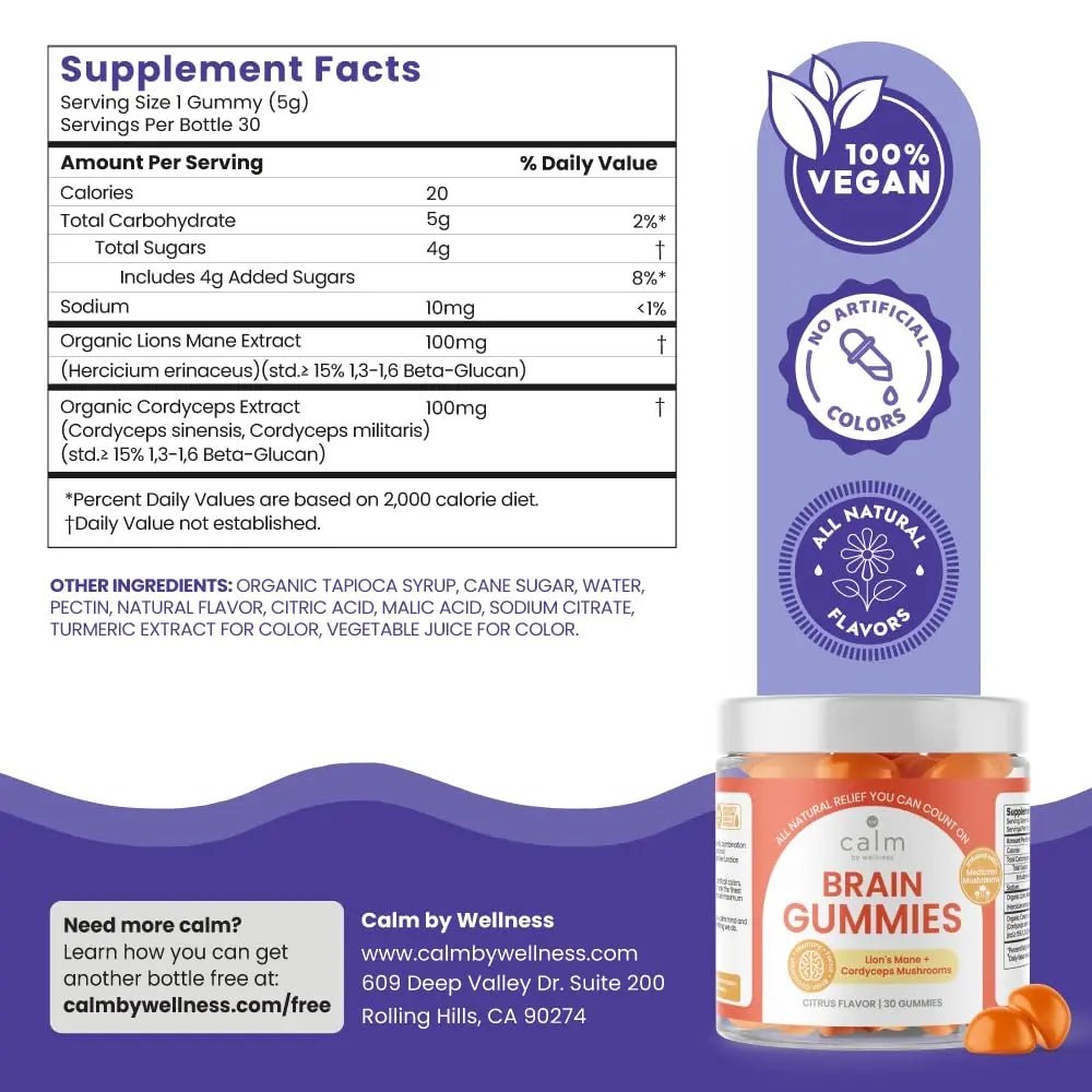 Calm by Wellness Lion’s Mane Gummies for Adults – Vegan Mushroom Gummies with Lion’s Mane & Cordyceps for Brain Support, Memory & Focus, Immune Boost – Citrus Flavor, 30 Count - TrustMedUSA