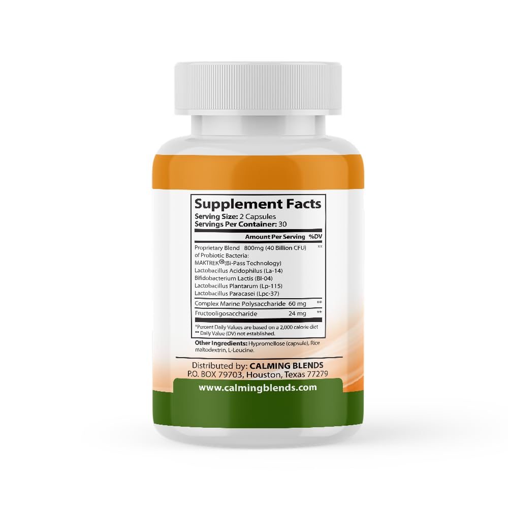 CALMING BLENDS Probiotic, 40 Billion CFU, Bi-Pass Delivery System for Maximum Effectiveness, Shelf Stable, 60 Vegetable Capsules - TrustMedUSA
