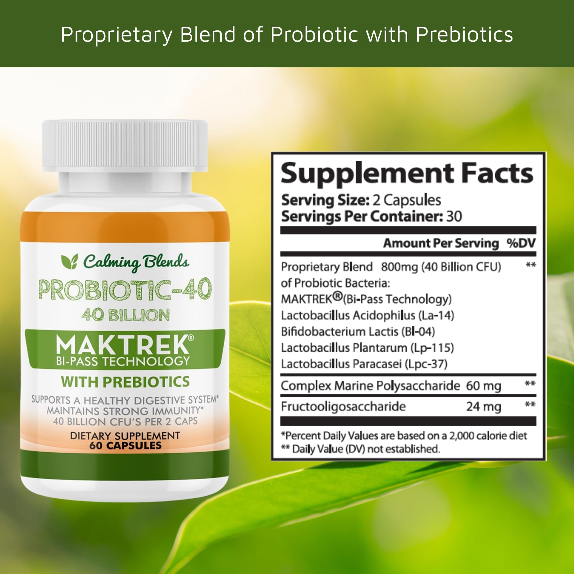 CALMING BLENDS Probiotic, 40 Billion CFU, Bi-Pass Delivery System for Maximum Effectiveness, Shelf Stable, 60 Vegetable Capsules - TrustMedUSA