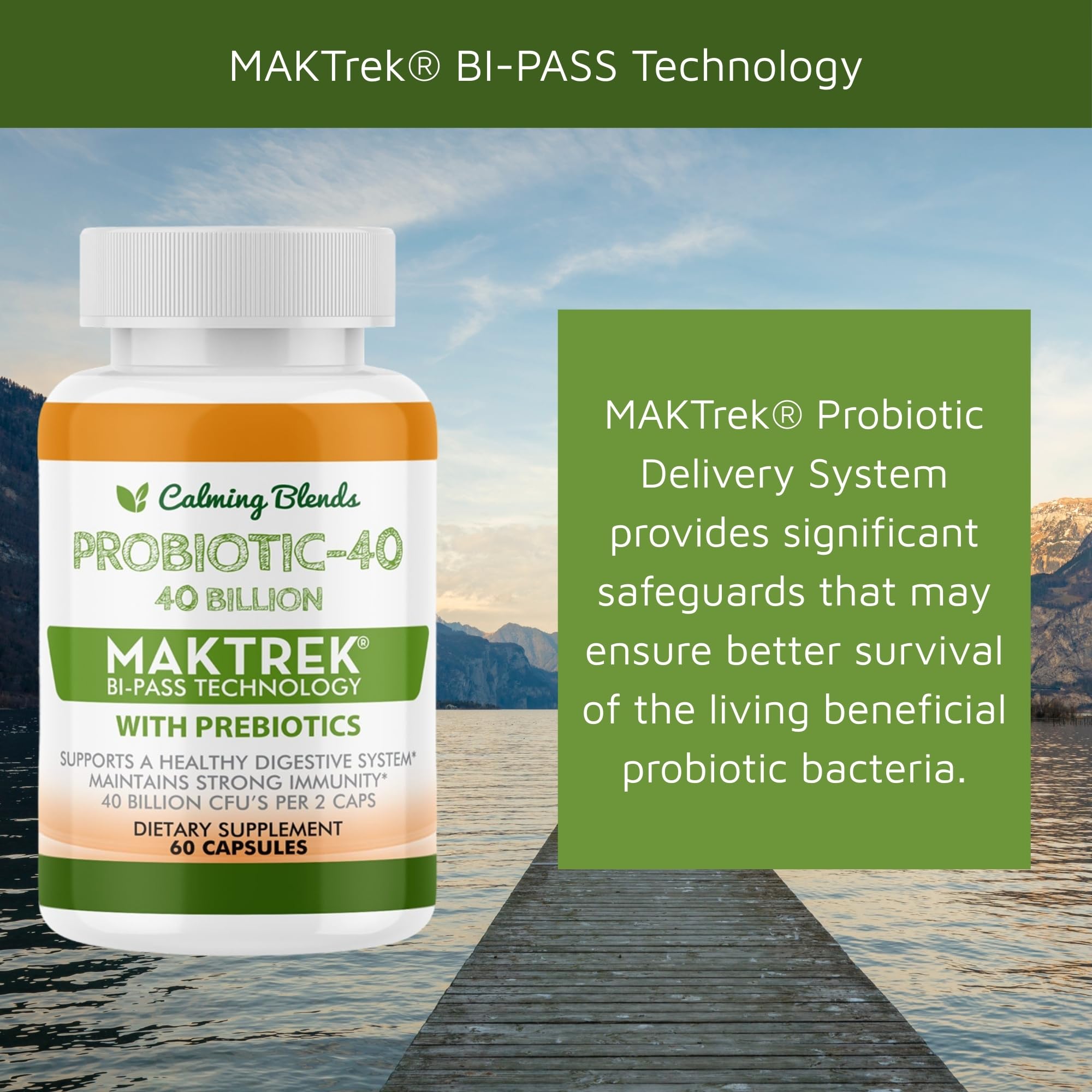 CALMING BLENDS Probiotic, 40 Billion CFU, Bi-Pass Delivery System for Maximum Effectiveness, Shelf Stable, 60 Vegetable Capsules - TrustMedUSA