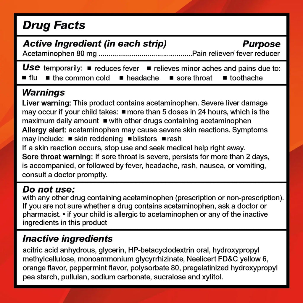 CALMOUR Children's Acetaminophen 36 Strips | Pain Reliever & Fever Reducer | Fast-Acting Support for Cold & Flu Symptoms | Oral Chewable Strips for Kids Ages 2-9 | Travel Size, Orange Flavor - TrustMedUSA