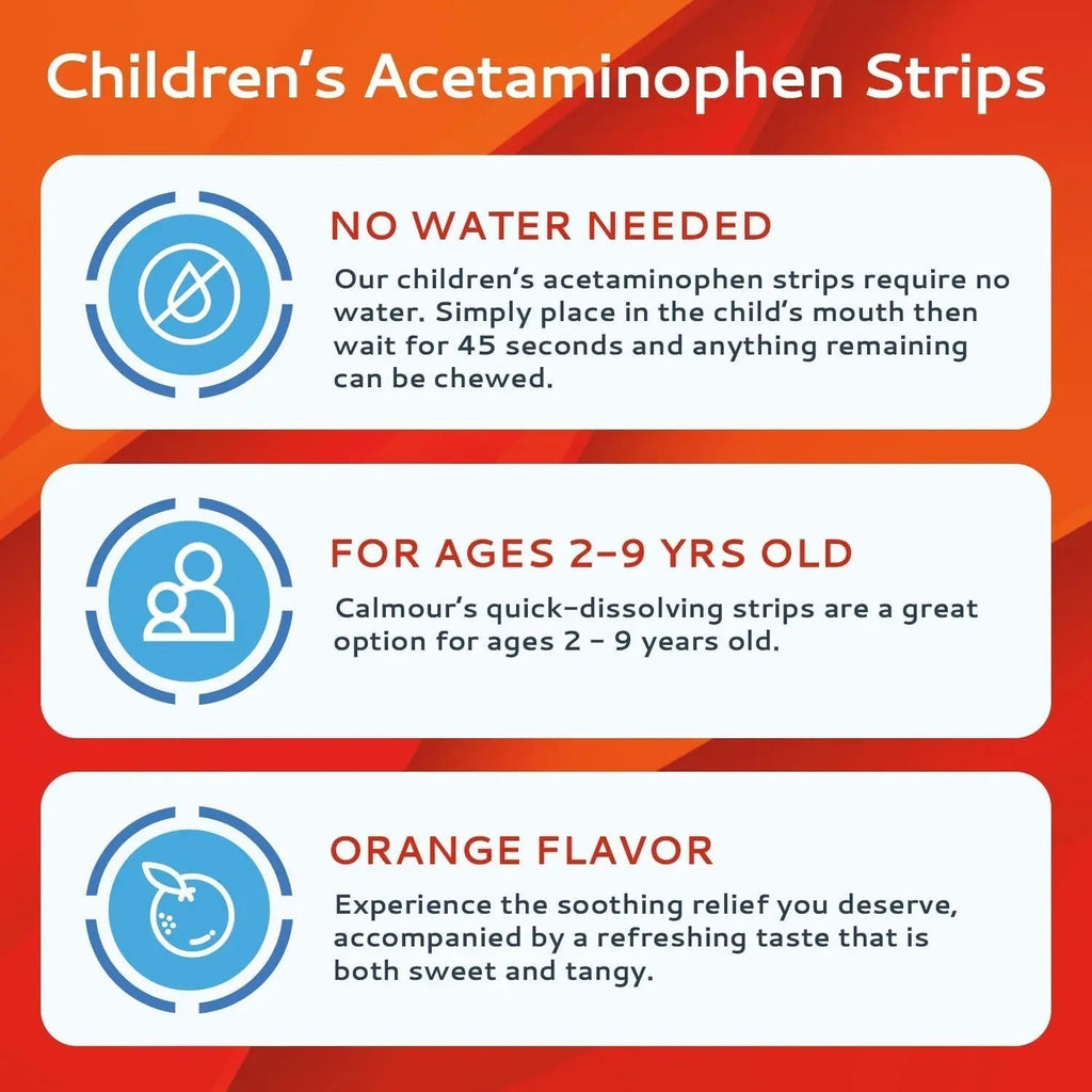 CALMOUR Children's Acetaminophen 36 Strips | Pain Reliever & Fever Reducer | Fast-Acting Support for Cold & Flu Symptoms | Oral Chewable Strips for Kids Ages 2-9 | Travel Size, Orange Flavor - TrustMedUSA
