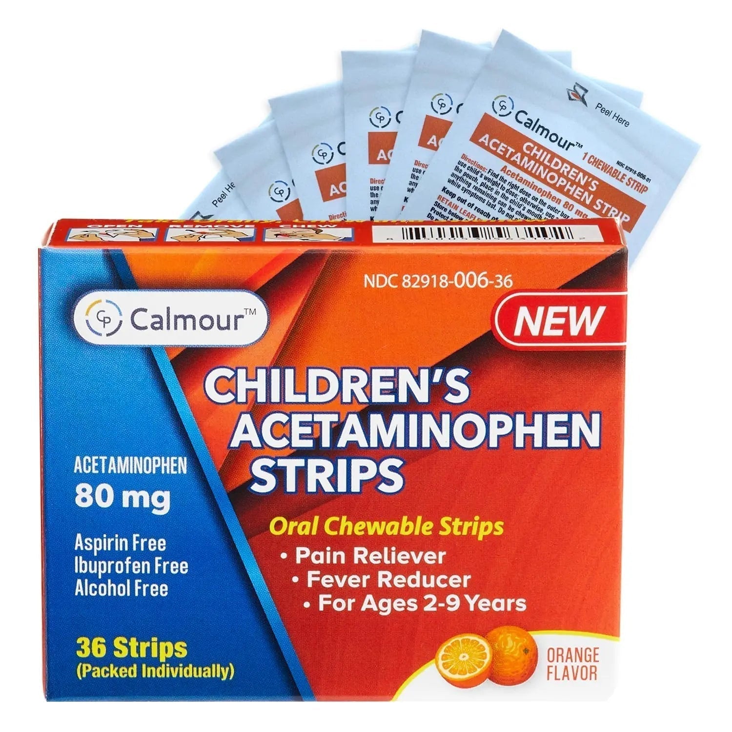 CALMOUR Children's Acetaminophen 36 Strips | Pain Reliever & Fever Reducer | Fast-Acting Support for Cold & Flu Symptoms | Oral Chewable Strips for Kids Ages 2-9 | Travel Size, Orange Flavor - TrustMedUSA