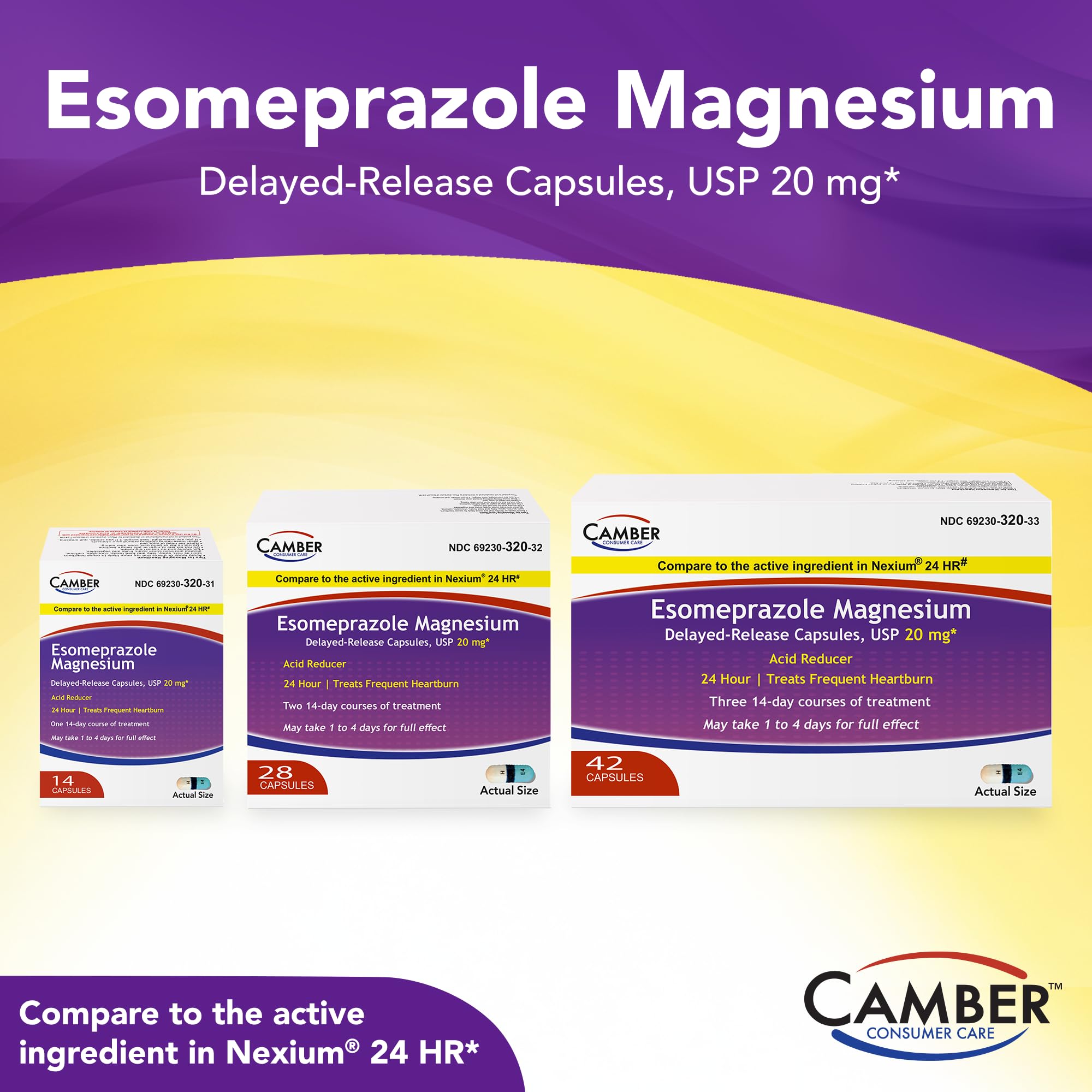 Camber Esomeprazole Magnesium USP 20mg, Delayed Release Capsules, Treats Frequent Heartburn (42 Count) - Maple Wellness Supplements