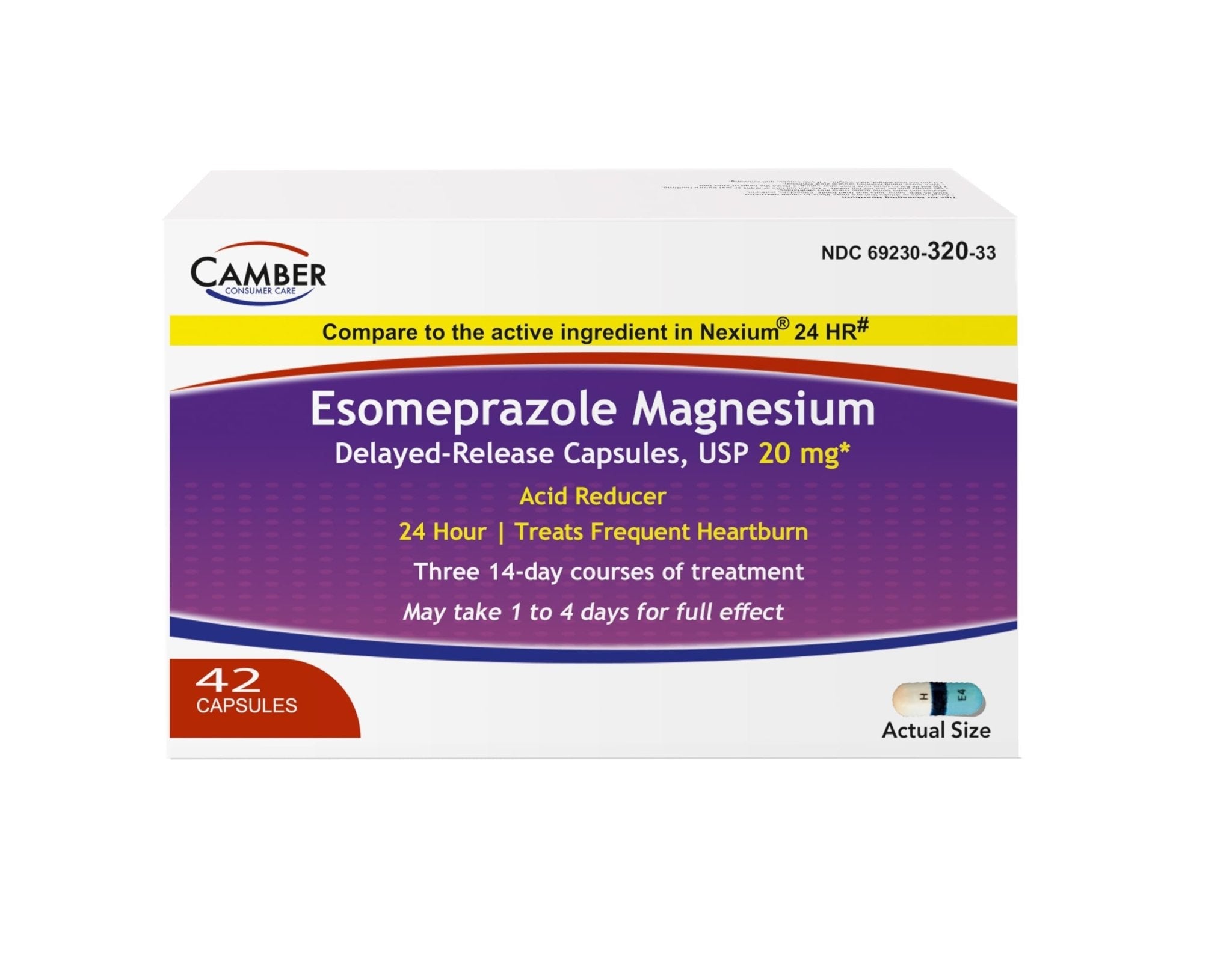 Camber Esomeprazole Magnesium USP 20mg, Delayed Release Capsules, Treats Frequent Heartburn (42 Count) - Maple Wellness Supplements