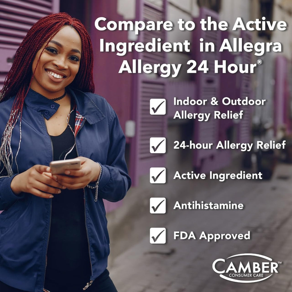 Camber Non-Drowsy Fexofenadine Antihistamine Indoor Outdoor Allergy Relief Tablets (30-ct) - Maple Wellness Supplements