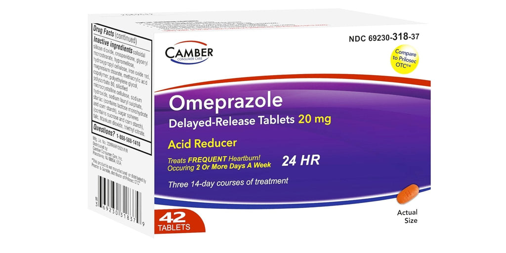 Camber Omeprazole 20mg Delayed-Release Tablets, Heartburn and Acid Reducer Reflux Medicine (42 Count) - Maple Wellness Supplements