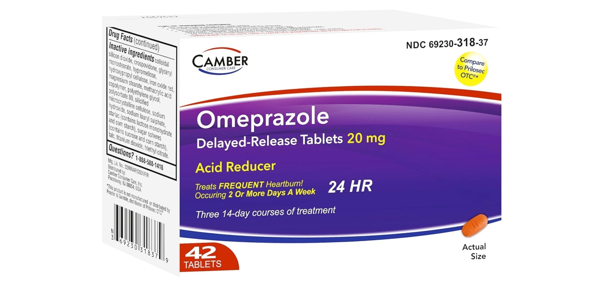 Camber Omeprazole 20mg Delayed-Release Tablets, Heartburn and Acid Reducer Reflux Medicine (42 Count) - Maple Wellness Supplements