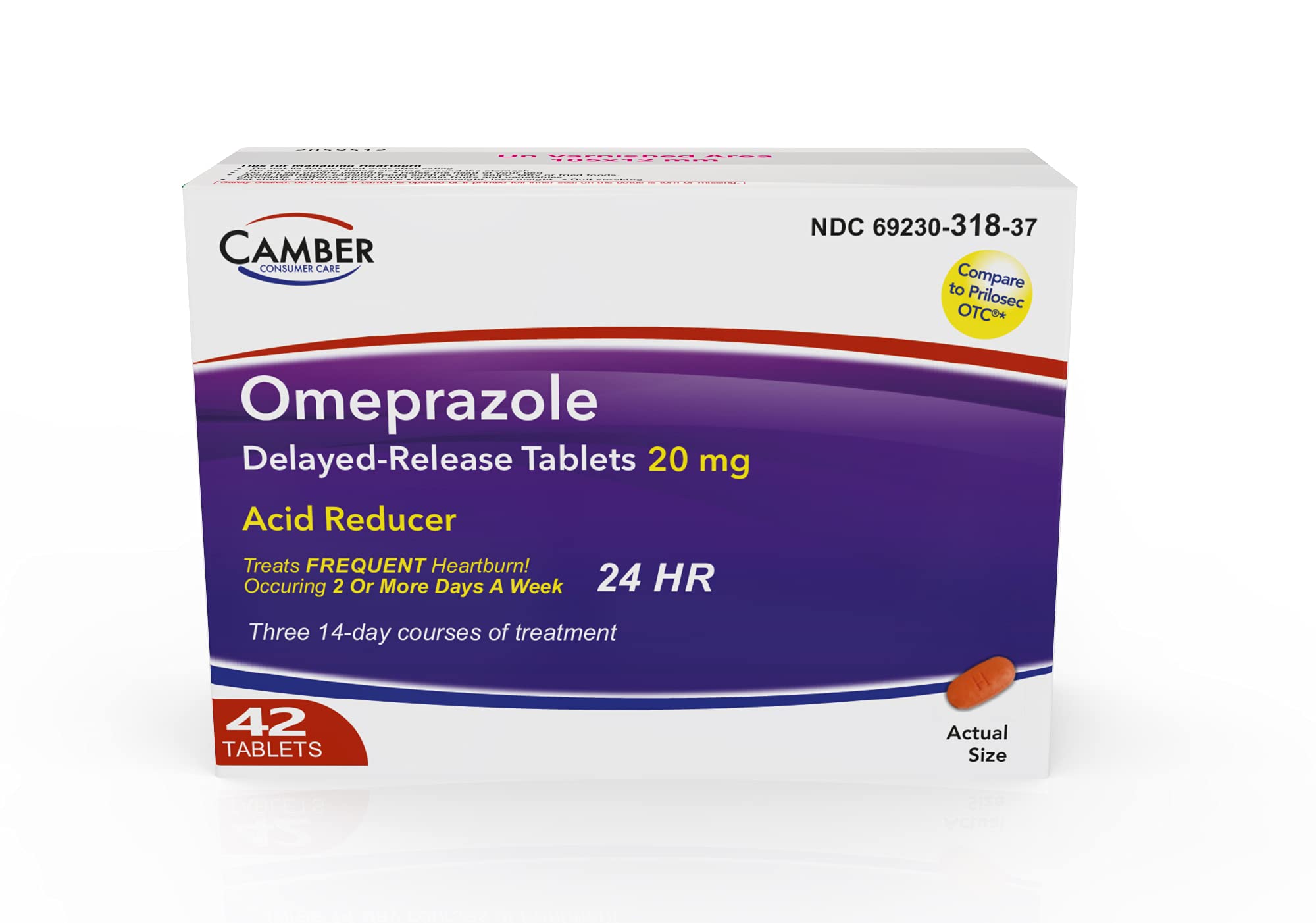 Camber Omeprazole 20mg Delayed-Release Tablets, Heartburn and Acid Reducer Reflux Medicine (42 Count) - Maple Wellness Supplements