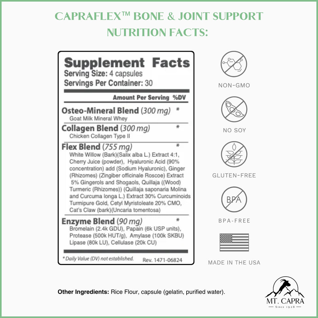 CapraFlex by Mt. Capra | Bone and Joint Support Supplement with Chicken Collagen, Hyaluronic Acid, Turmeric, and Herbs for Joint Vitality | 30 Servings - 120 Capsules - TrustMedUSA