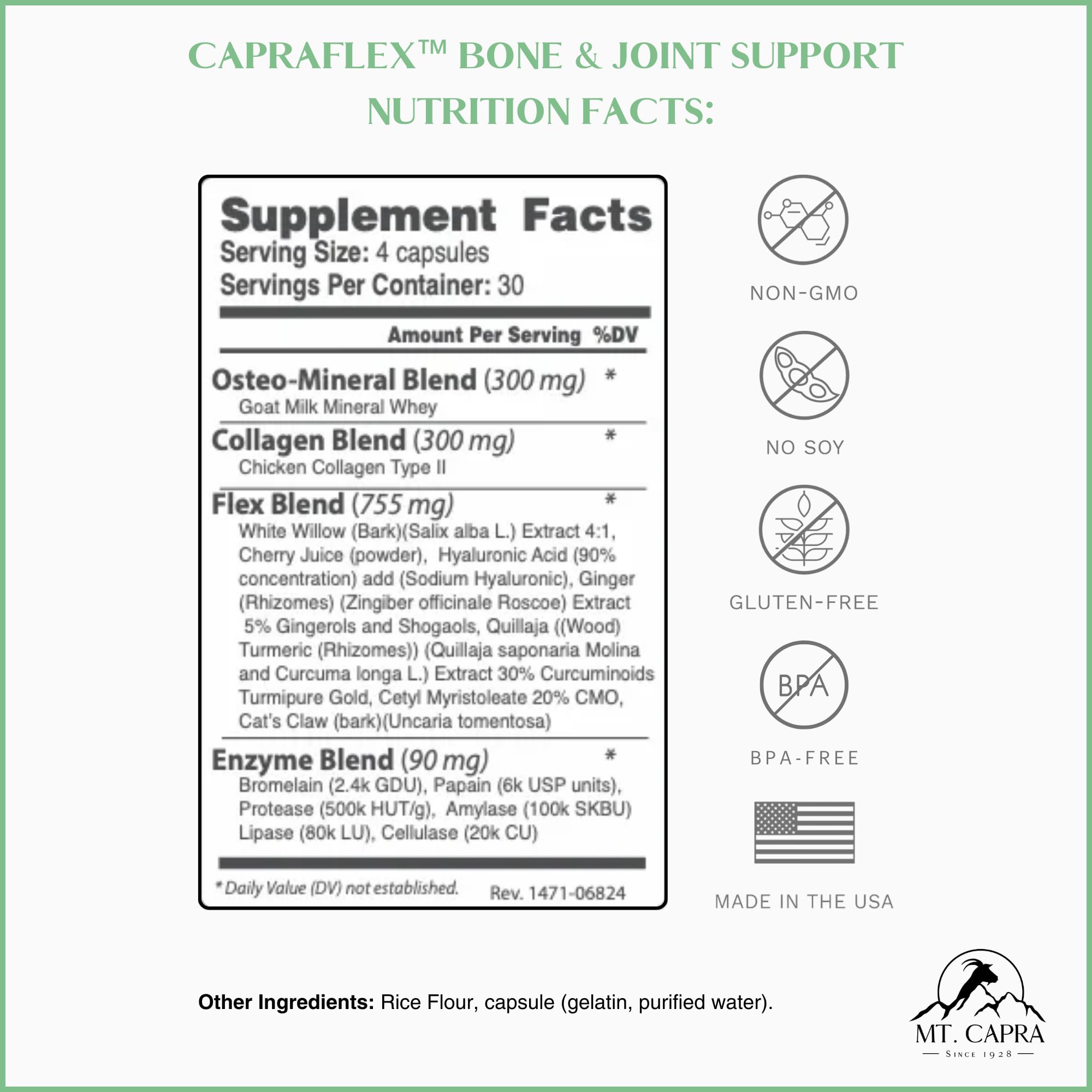 CapraFlex by Mt. Capra | Bone and Joint Support Supplement with Chicken Collagen, Hyaluronic Acid, Turmeric, and Herbs for Joint Vitality | 30 Servings - 120 Capsules - TrustMedUSA