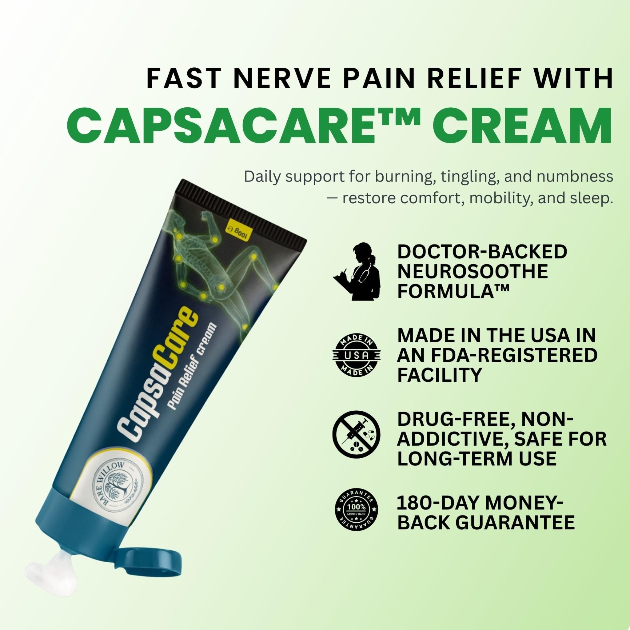 CapsaCare Cream with Capsaicin 0.125% & Magnesium, NeuroSoothe Blend with Arnica, Glucosamine, Menthol & Aloe, Fragrance Free, Non Greasy, Hydrating Topical Skin Cream for Men and Women, 100g (1 Pack) - TrustMedUSA