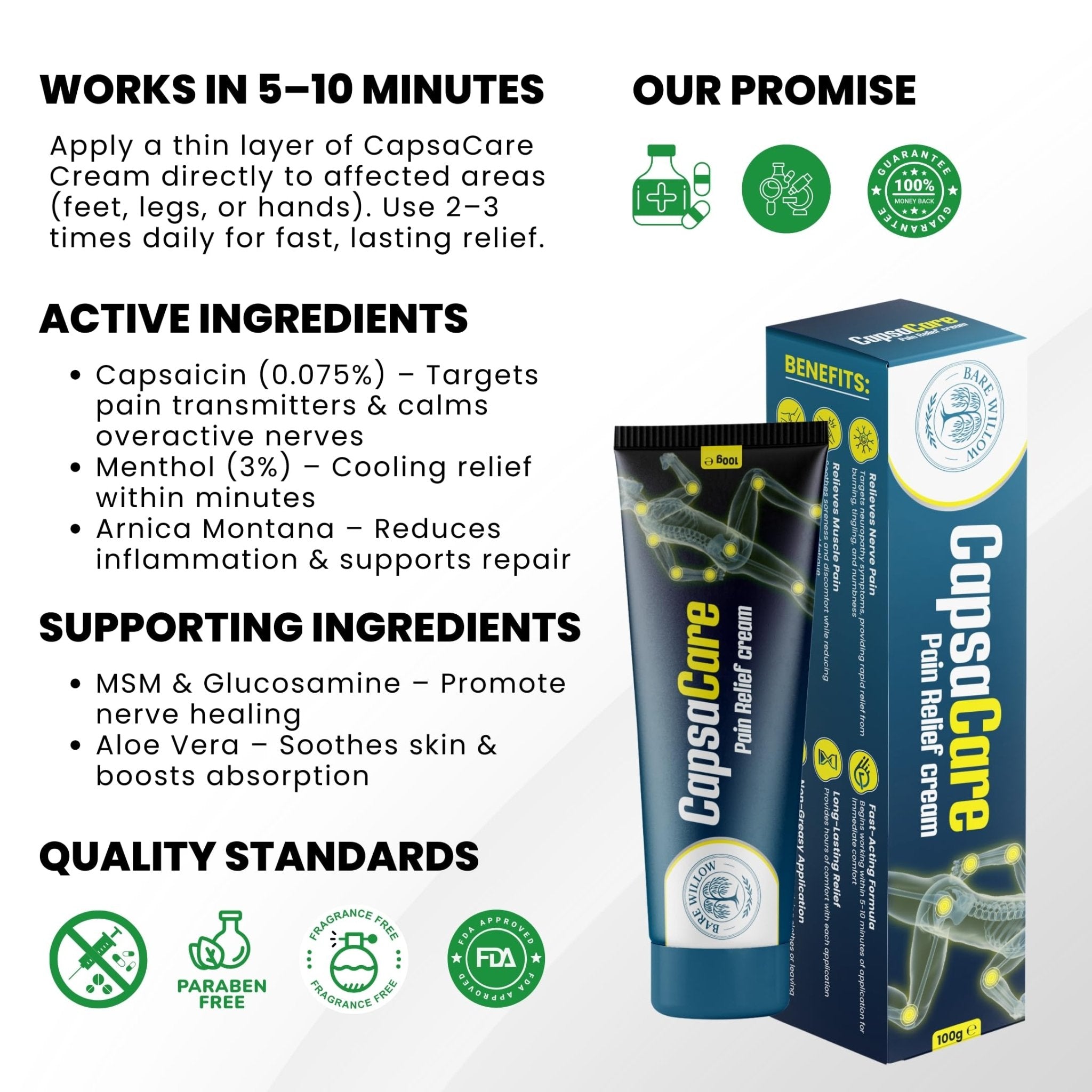 CapsaCare Cream with Capsaicin 0.125% & Magnesium, NeuroSoothe Blend with Arnica, Glucosamine, Menthol & Aloe, Fragrance Free, Non Greasy, Hydrating Topical Skin Cream for Men and Women, 100g (1 Pack) - TrustMedUSA
