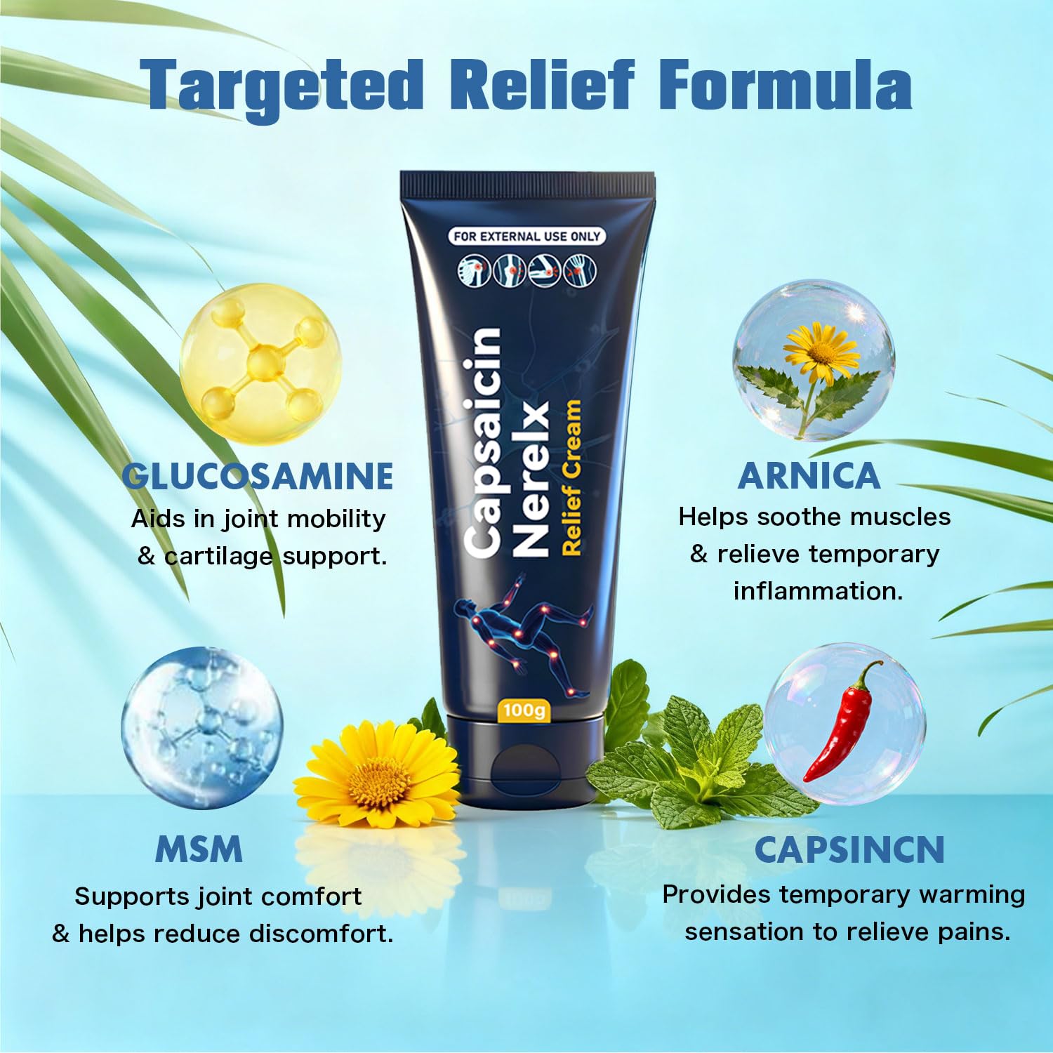 Capsaicin Nerex Relief Cream with Arnica, Menthol, MSM and Glucosamine for Body Joint Areas, Feet, Hands, Legs, Muscles, Joints, and Waist, 100g (2PACKS) - TrustMedUSA