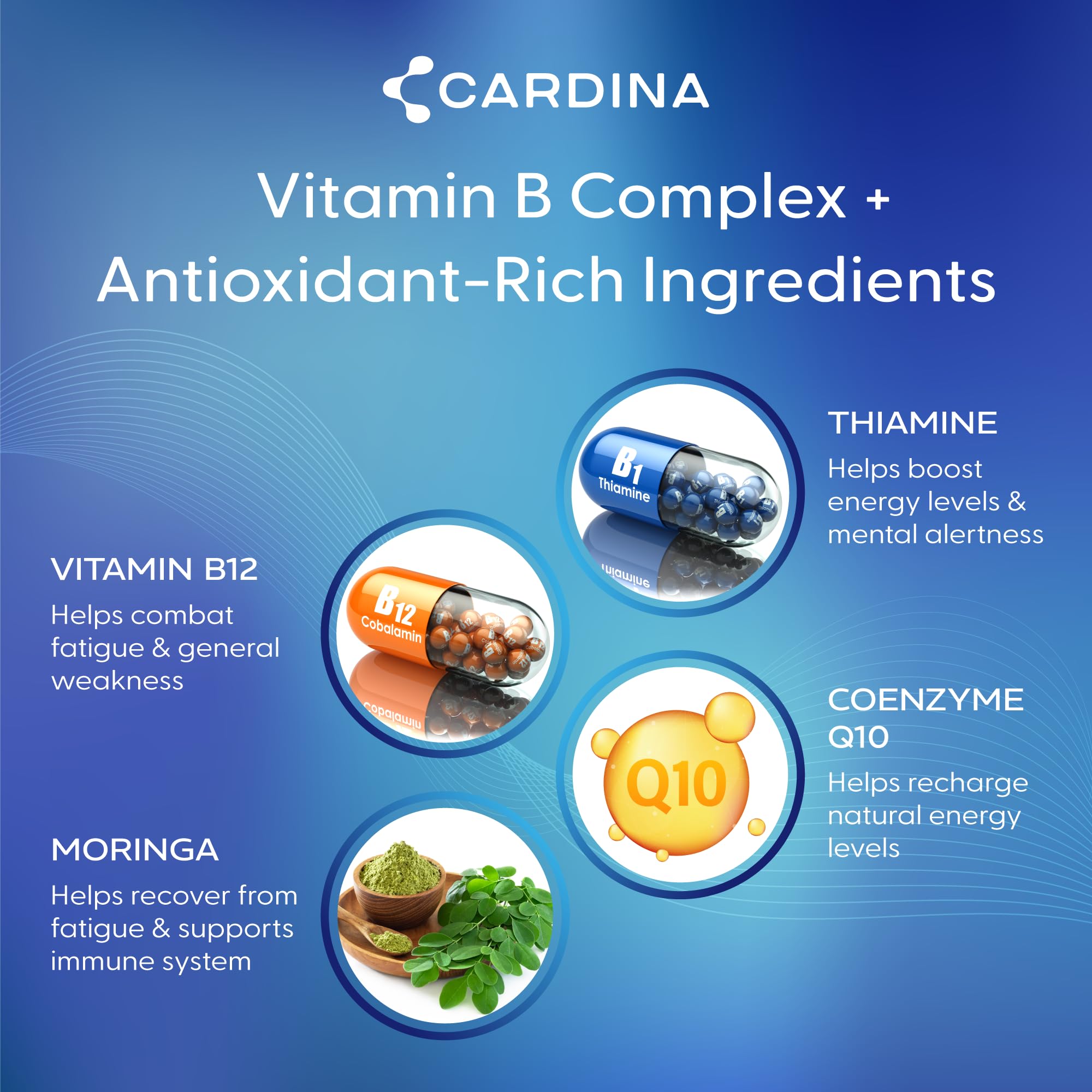CARDINA B12 Vitamins for Women and Men - Brain Supplements for Memory and Focus with Thiamine B1 Supplement and COQ10 - Brain Memory Support - Non-GMO and Vegan B12 Supplement, 60 Ct - TrustMedUSA