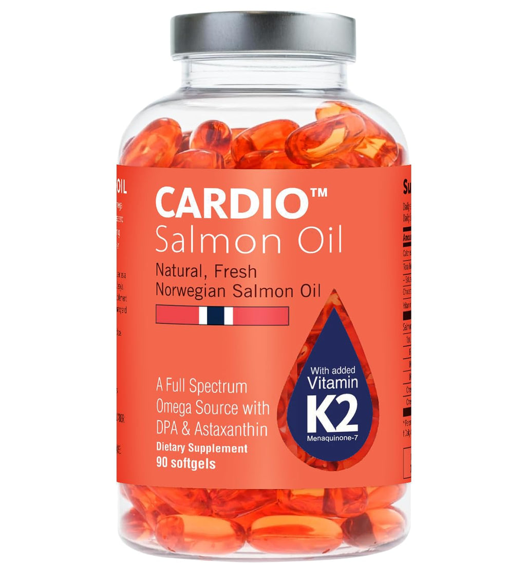 Cardio Omega 3 Fish Oil & Vitamin K2-1000mg, Norwegian Salmon Oil with EPA, DHA, DPA & Astaxanthin, No Fishy Aftertaste, Fatty Acids Supplement - 90 Capsules - Maple Wellness Supplements