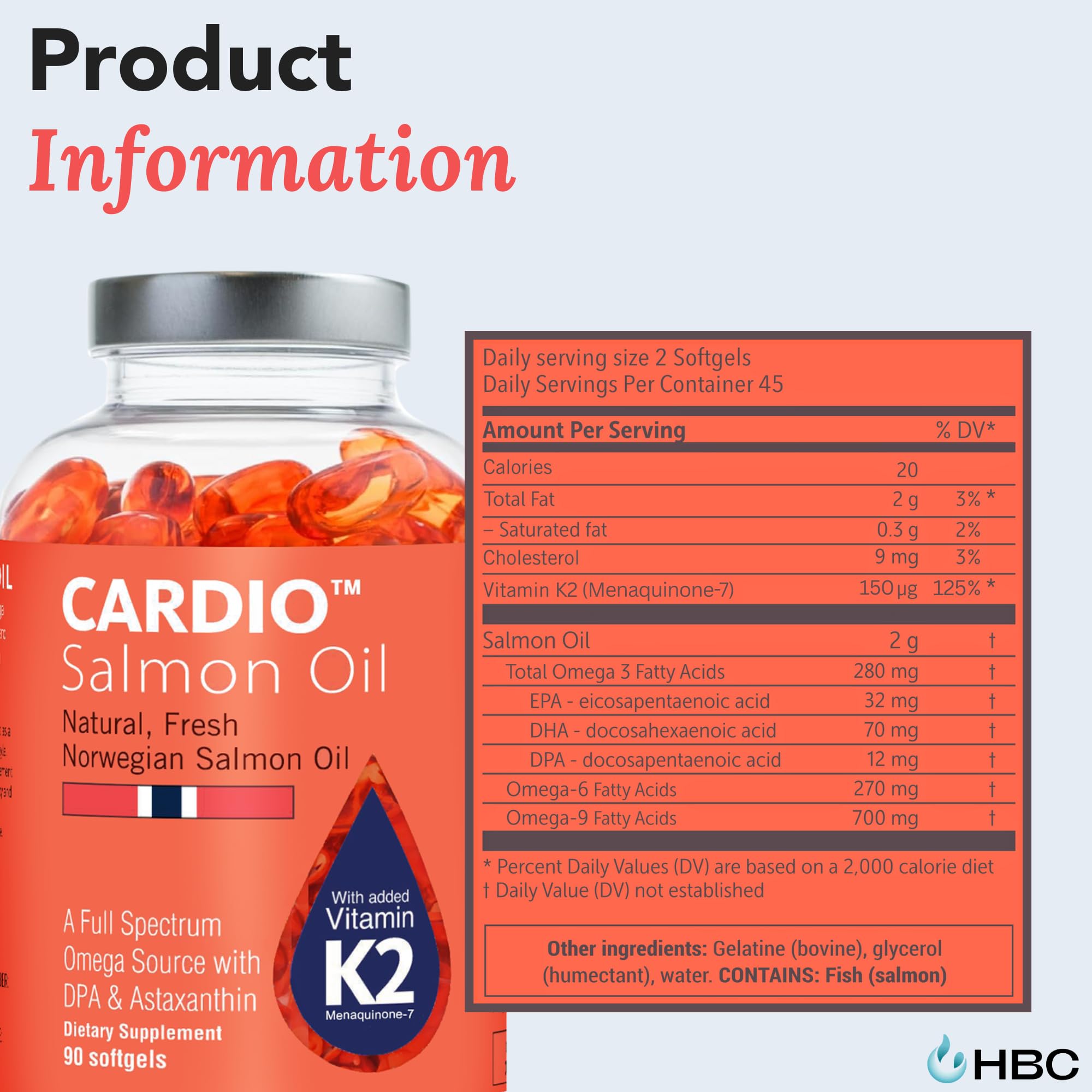 Cardio Omega 3 Fish Oil & Vitamin K2-1000mg, Norwegian Salmon Oil with EPA, DHA, DPA & Astaxanthin, No Fishy Aftertaste, Fatty Acids Supplement - 90 Capsules - Maple Wellness Supplements
