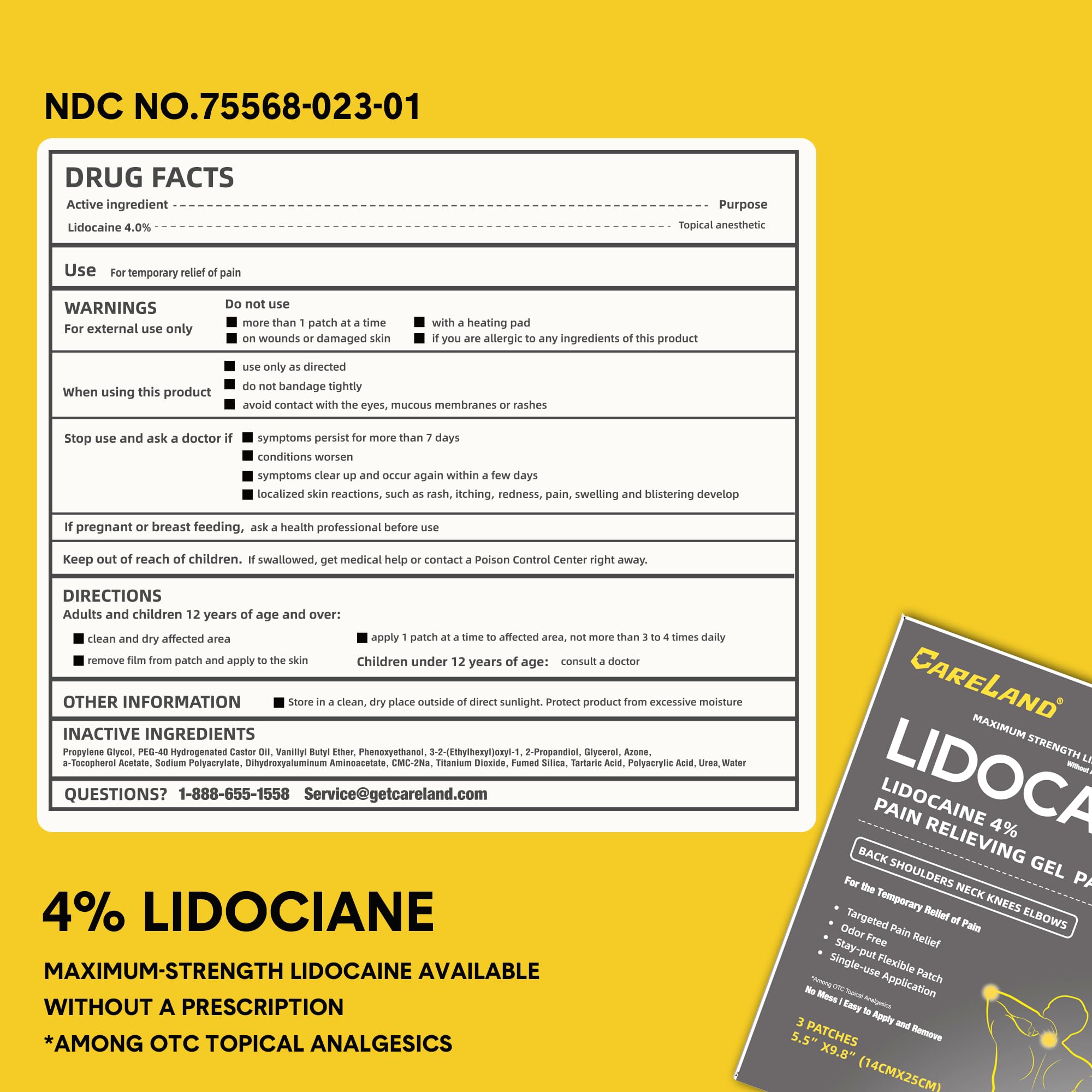 CARELAND 4% Extra Large Lidocaine Patches Maximum Strength Pain Relief Patch XL for Back & Shoulder,Back Pain Relief Products Patches & Flexible Fabric Numbs Away Pain, 6 Ct. - TrustMedUSA