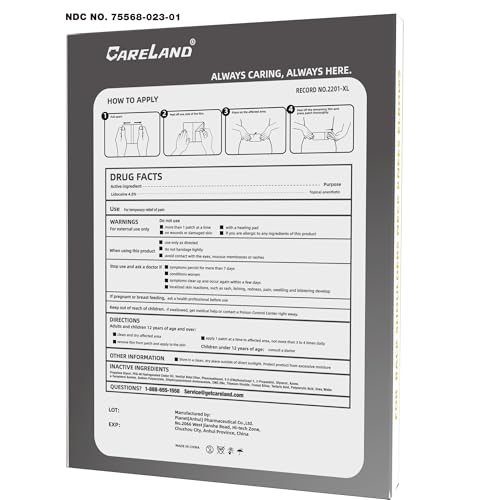 CARELAND 4% Extra Large Lidocaine Patches Maximum Strength Pain Relief Patch XL for Back & Shoulder,Back Pain Relief Products Patches & Flexible Fabric Numbs Away Pain, 6 Ct. - TrustMedUSA