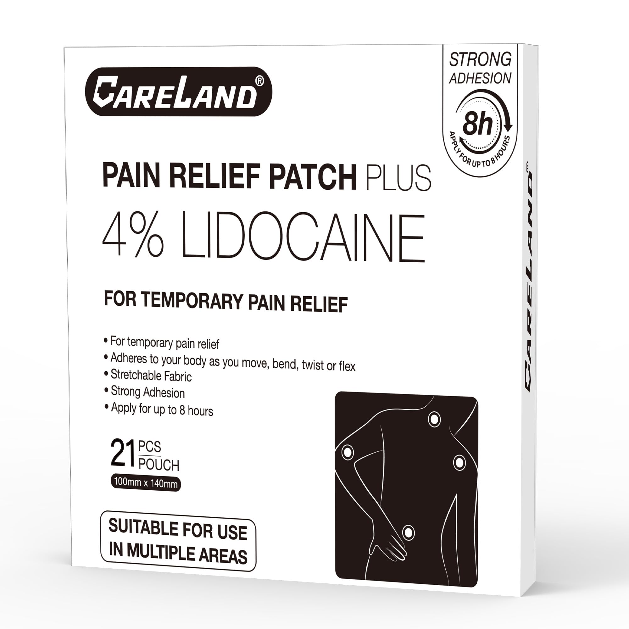 CARELAND 4% Lidocaine Patches Maximum Strength, 21 Count (10cm x 14cm) - OTC Pain Relief Patches with Stronger Adhesion for Back, Shoulder, Knee, Large Size - TrustMedUSA