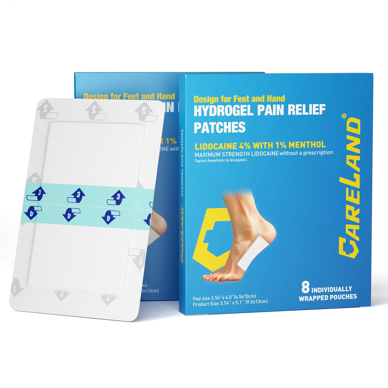 CARELAND Plantar Fasciitis Lidocaine Pain Patches with Hydrogel Technology- Waterproof with Sticky Border, 12 Hour Pain Relief - Contours to Your Foot - 16 Ct - TrustMedUSA
