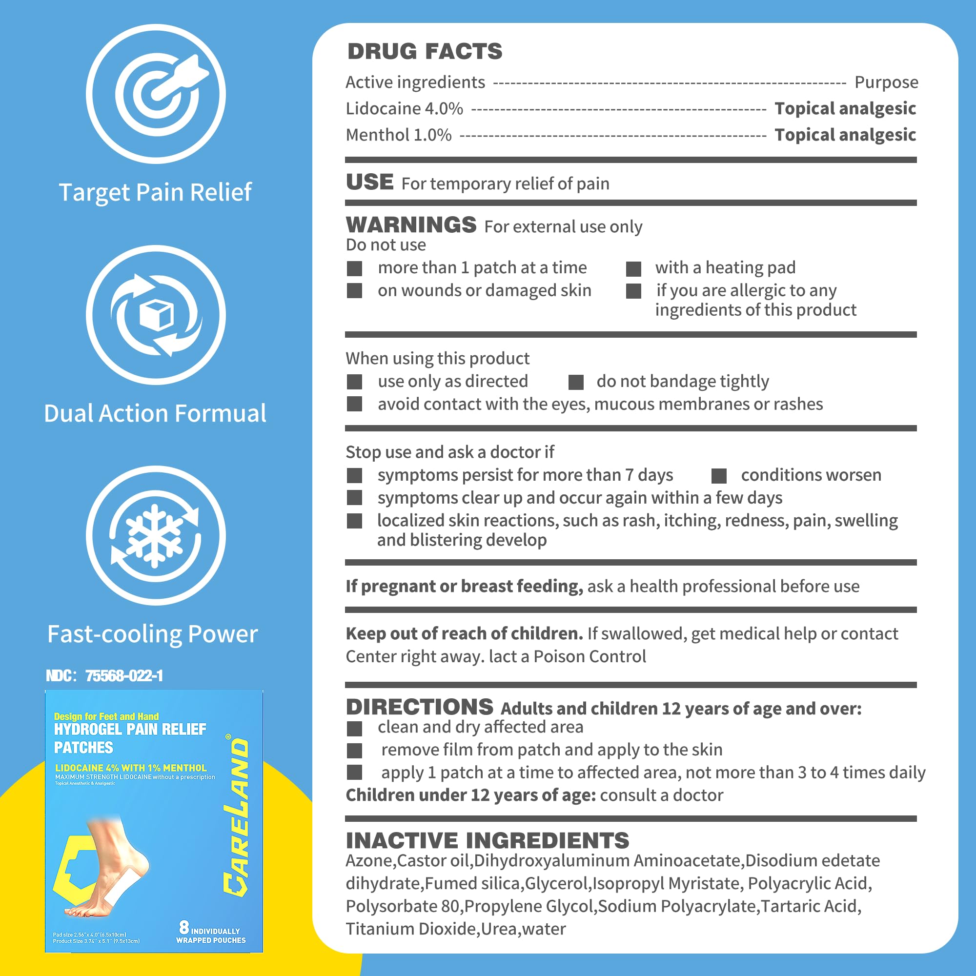 CARELAND Plantar Fasciitis Lidocaine Pain Patches with Hydrogel Technology- Waterproof with Sticky Border, 12 Hour Pain Relief - Contours to Your Foot - 16 Ct - TrustMedUSA