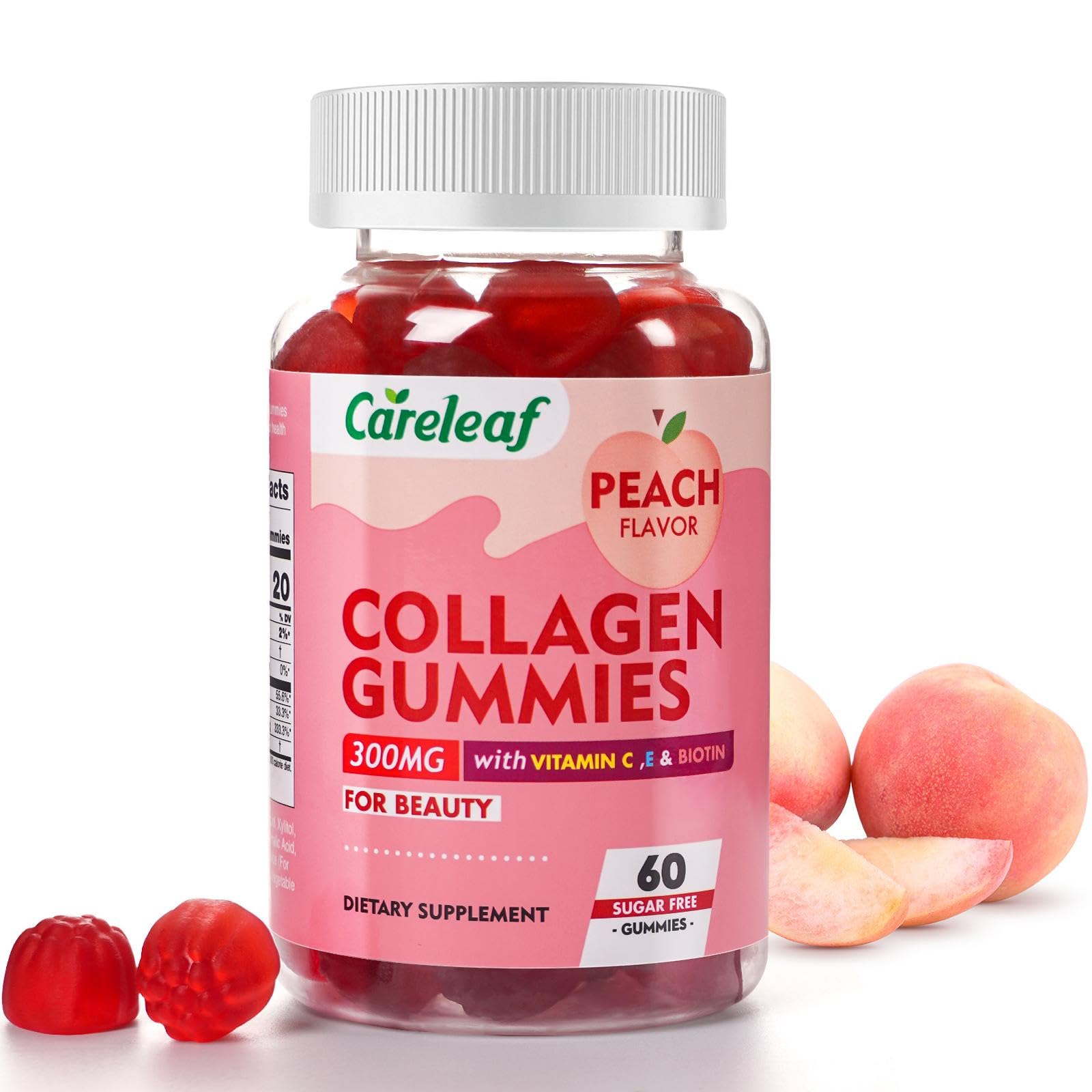 careleaf Sugar Free Collagen Gummies with Vitamin C Vitamin E Support Natural Collagen Production, Healthy Hair, Nails and Bones,Peach Flavor,60 Gummies for 30 Days Supply - Maple Wellness Supplements