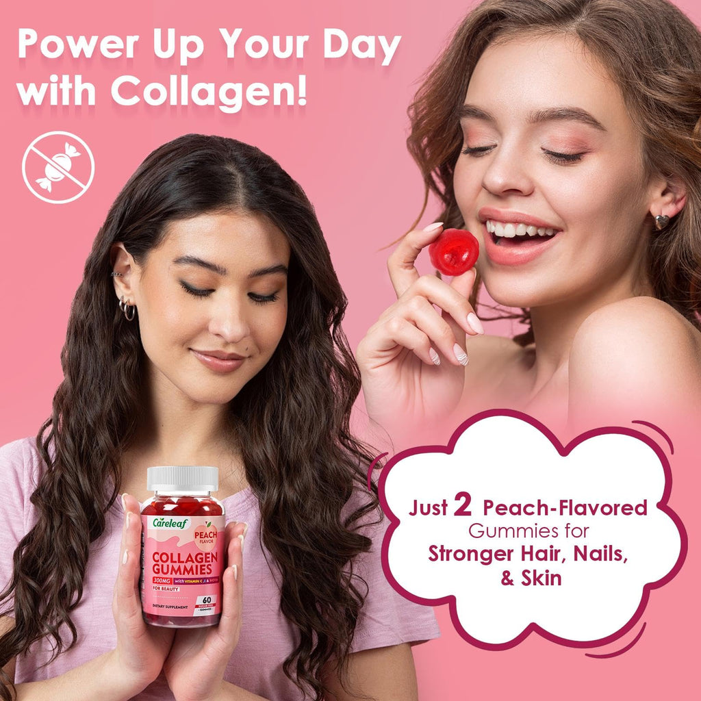 careleaf Sugar Free Collagen Gummies with Vitamin C Vitamin E Support Natural Collagen Production, Healthy Hair, Nails and Bones,Peach Flavor,60 Gummies for 30 Days Supply - Maple Wellness Supplements