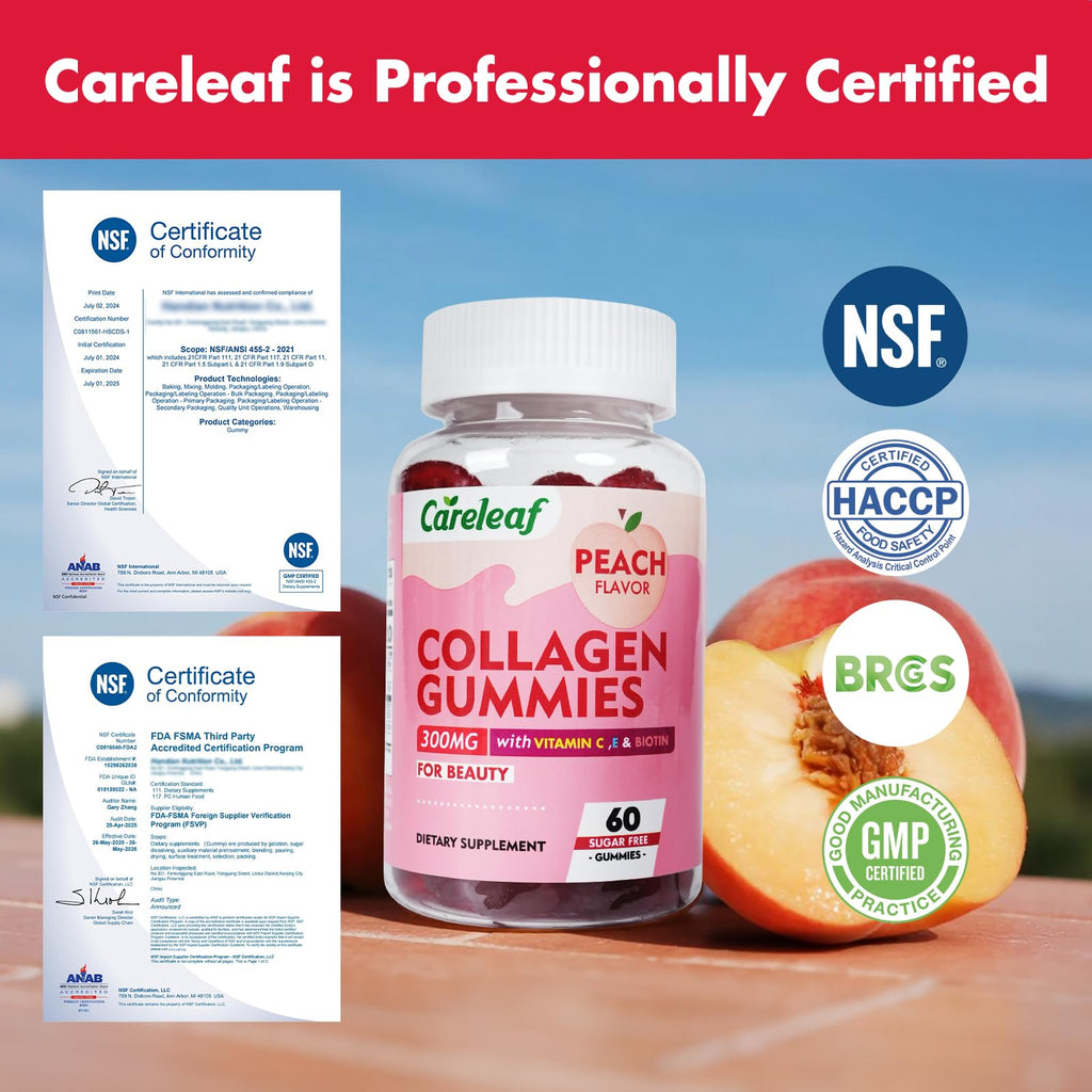 careleaf Sugar Free Collagen Gummies with Vitamin C Vitamin E Support Natural Collagen Production, Healthy Hair, Nails and Bones,Peach Flavor,60 Gummies for 30 Days Supply - Maple Wellness Supplements