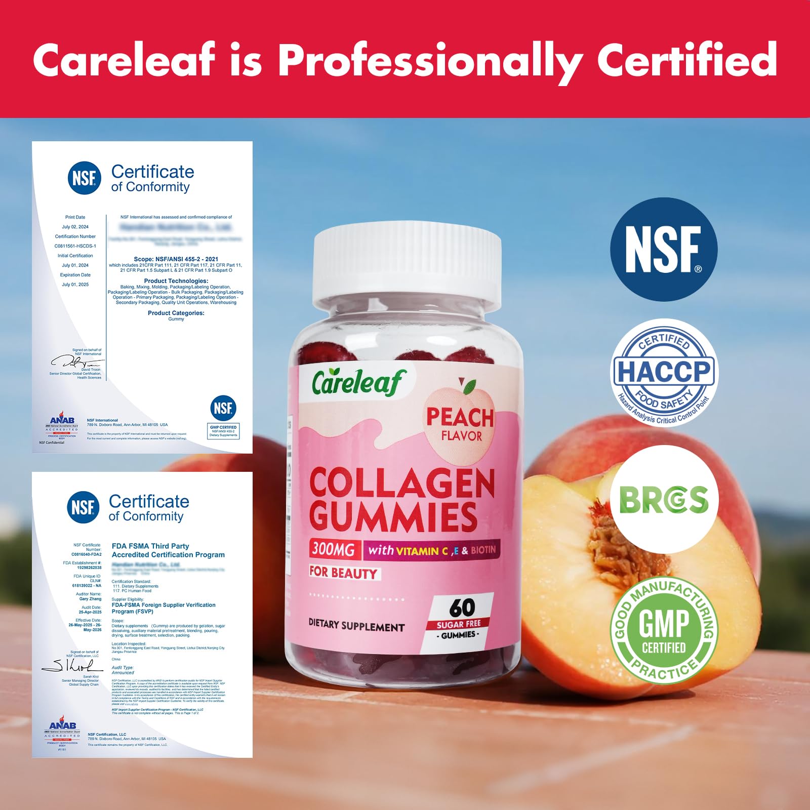 careleaf Sugar Free Collagen Gummies with Vitamin C Vitamin E Support Natural Collagen Production, Healthy Hair, Nails and Bones,Peach Flavor,60 Gummies for 30 Days Supply - Maple Wellness Supplements