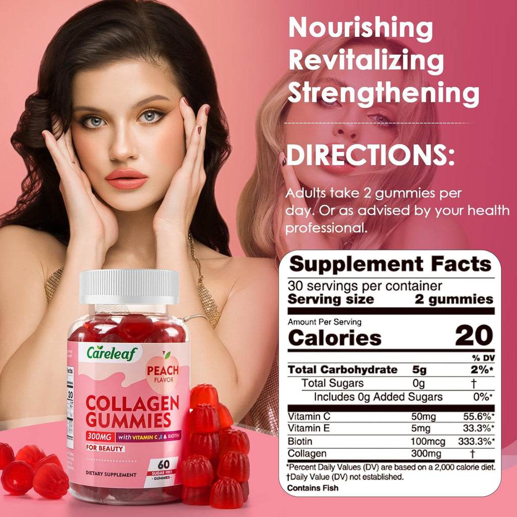 careleaf Sugar Free Collagen Gummies with Vitamin C Vitamin E Support Natural Collagen Production, Healthy Hair, Nails and Bones,Peach Flavor,60 Gummies for 30 Days Supply - Maple Wellness Supplements