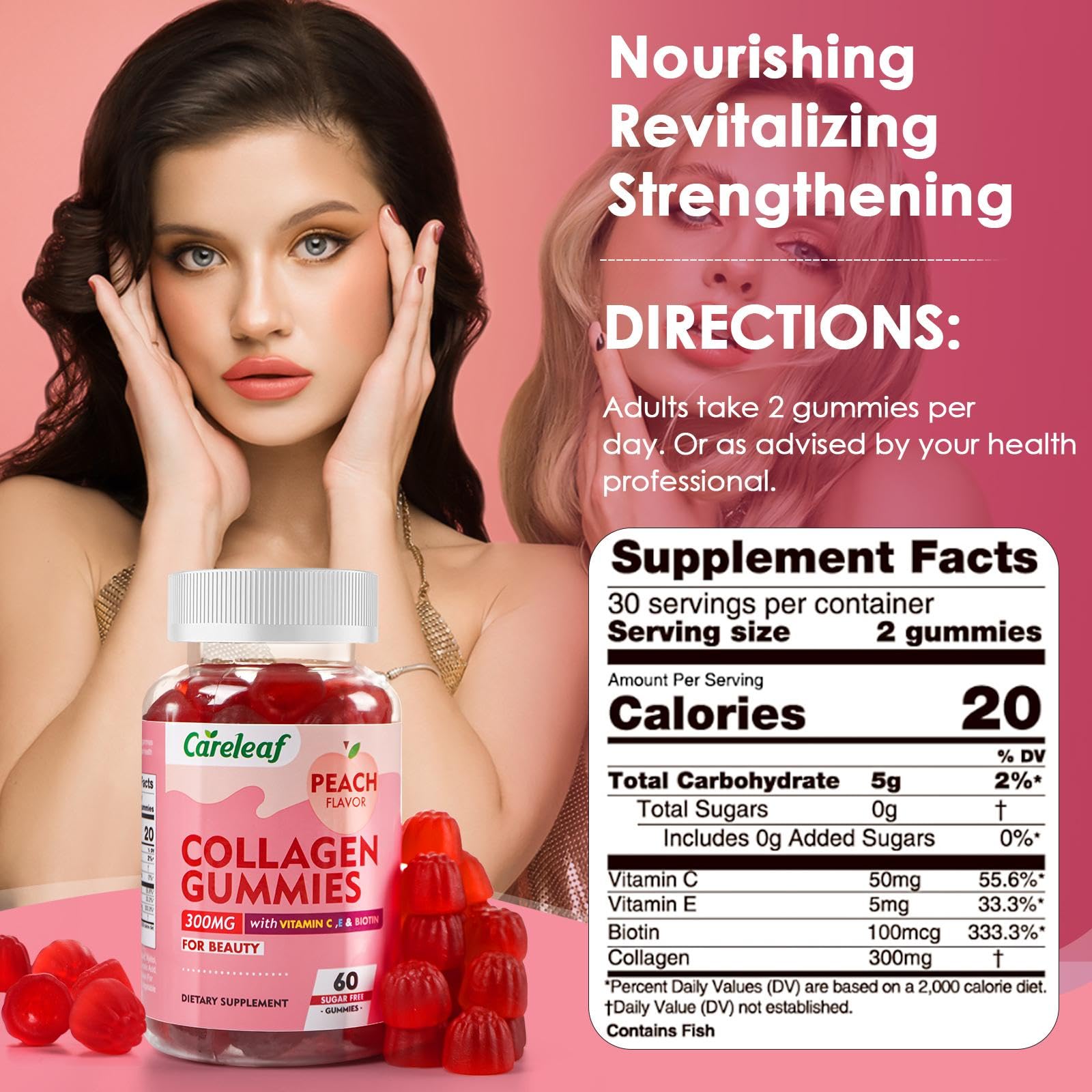 careleaf Sugar Free Collagen Gummies with Vitamin C Vitamin E Support Natural Collagen Production, Healthy Hair, Nails and Bones,Peach Flavor,60 Gummies for 30 Days Supply - Maple Wellness Supplements