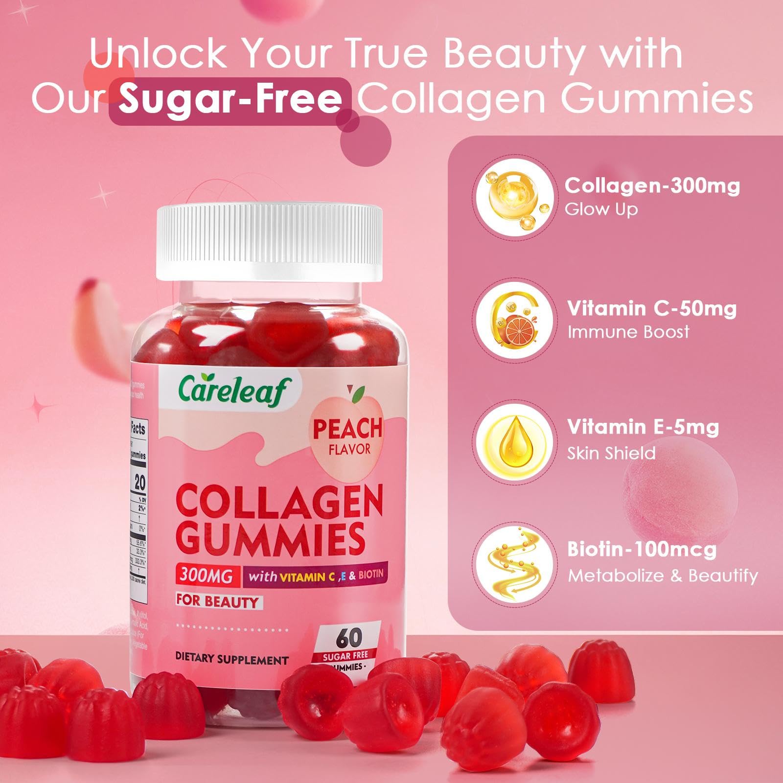 careleaf Sugar Free Collagen Gummies with Vitamin C Vitamin E Support Natural Collagen Production, Healthy Hair, Nails and Bones,Peach Flavor,60 Gummies for 30 Days Supply - Maple Wellness Supplements