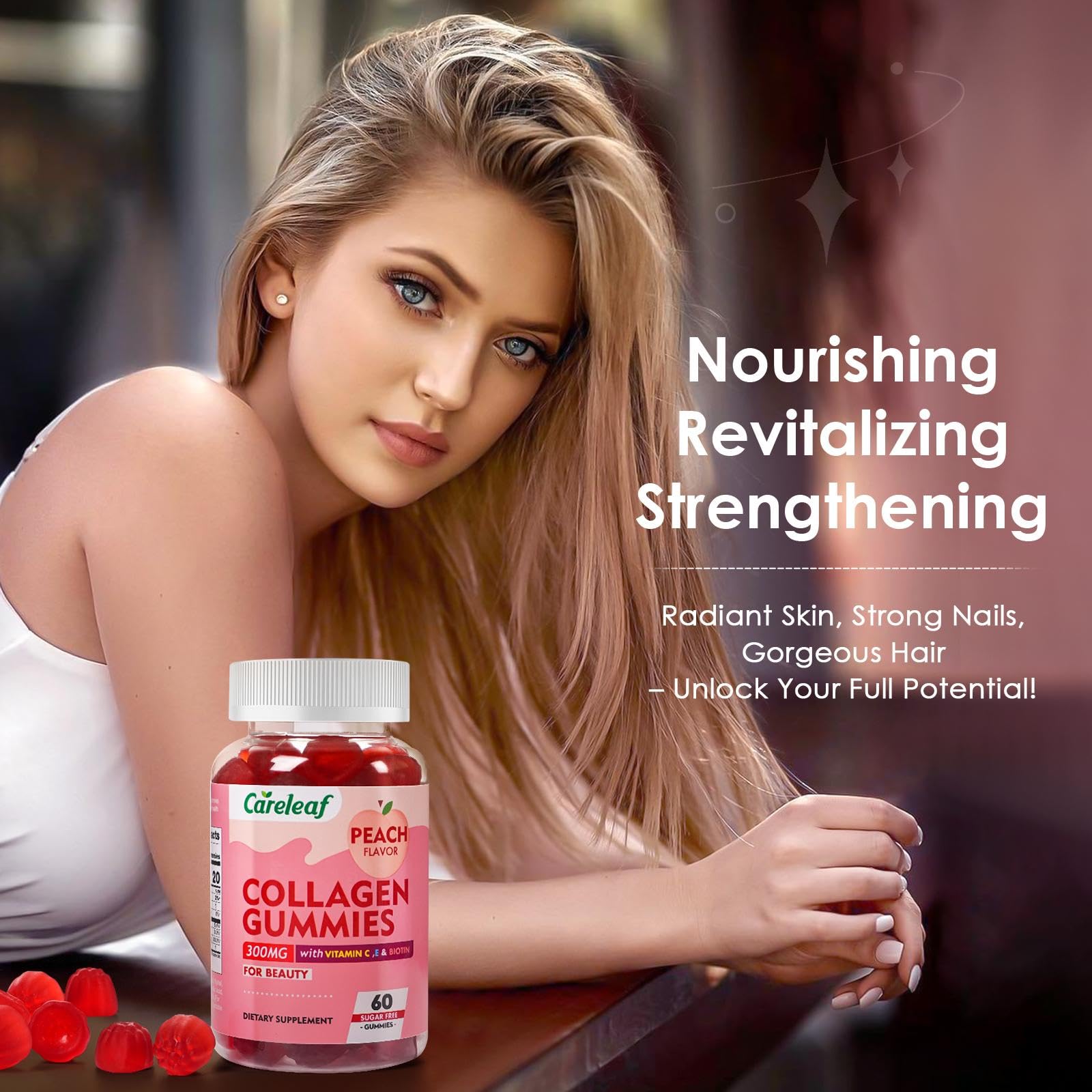 careleaf Sugar Free Collagen Gummies with Vitamin C Vitamin E Support Natural Collagen Production, Healthy Hair, Nails and Bones,Peach Flavor,60 Gummies for 30 Days Supply - Maple Wellness Supplements