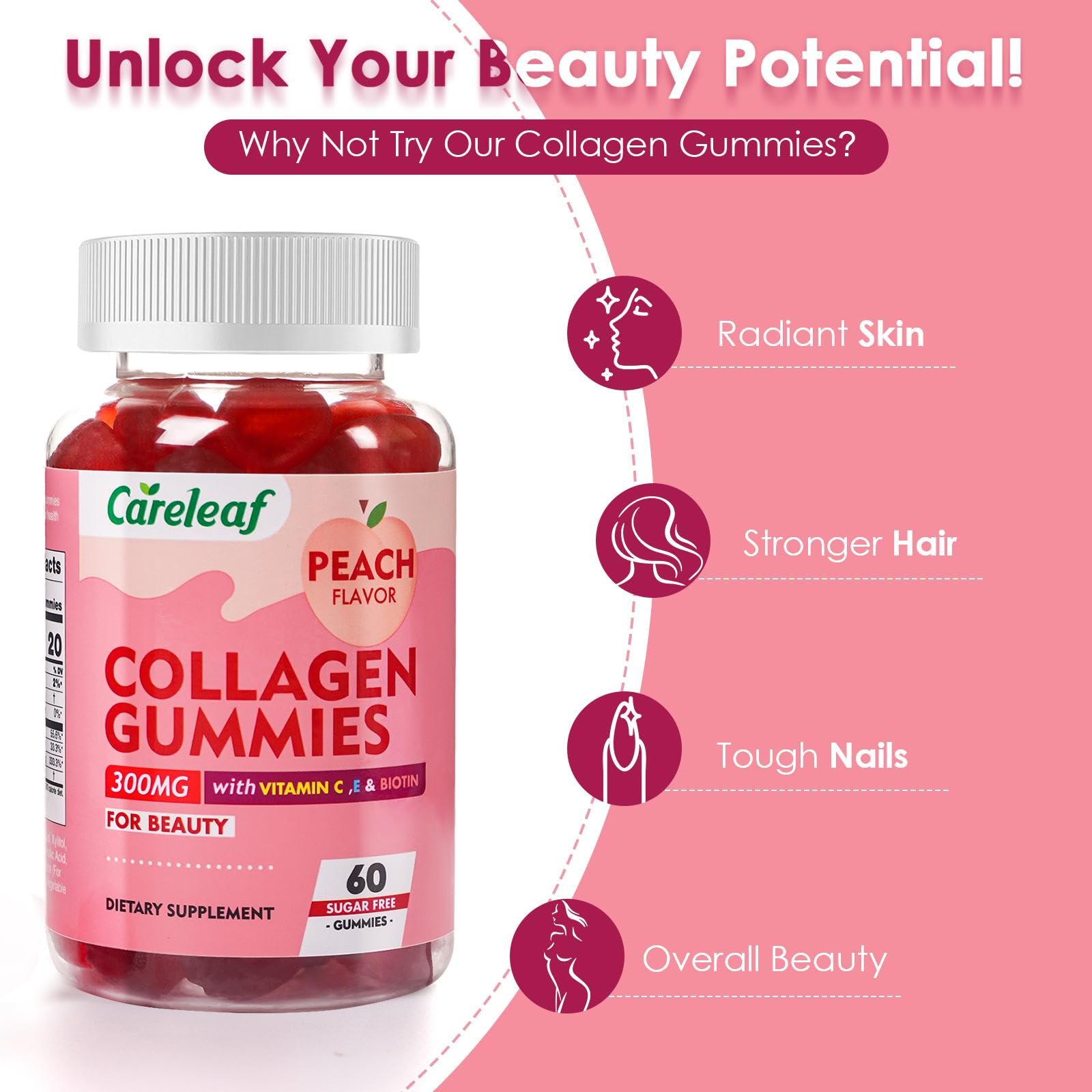 careleaf Sugar Free Collagen Gummies with Vitamin C Vitamin E Support Natural Collagen Production, Healthy Hair, Nails and Bones,Peach Flavor,60 Gummies for 30 Days Supply - Maple Wellness Supplements