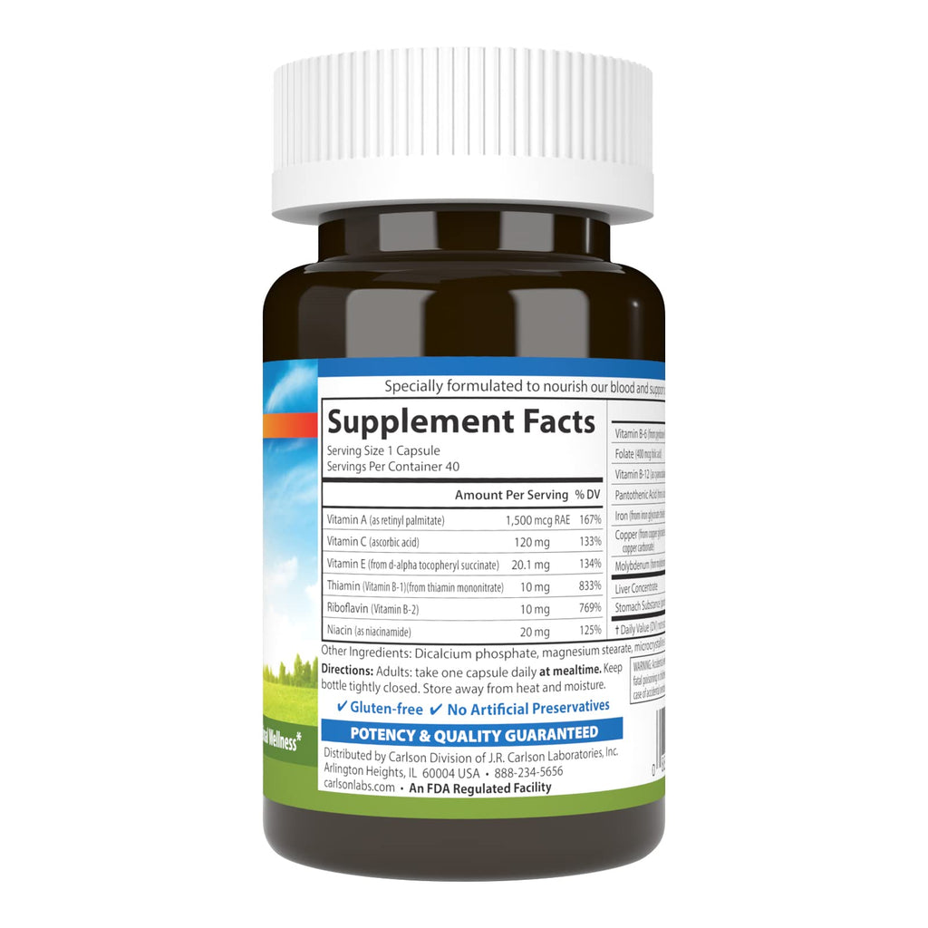 Carlson - Blood Nutrients, 28 mg Iron, Blood Development, Iron Absorption & Optimal Wellness, 40 Capsules - TrustMedUSA