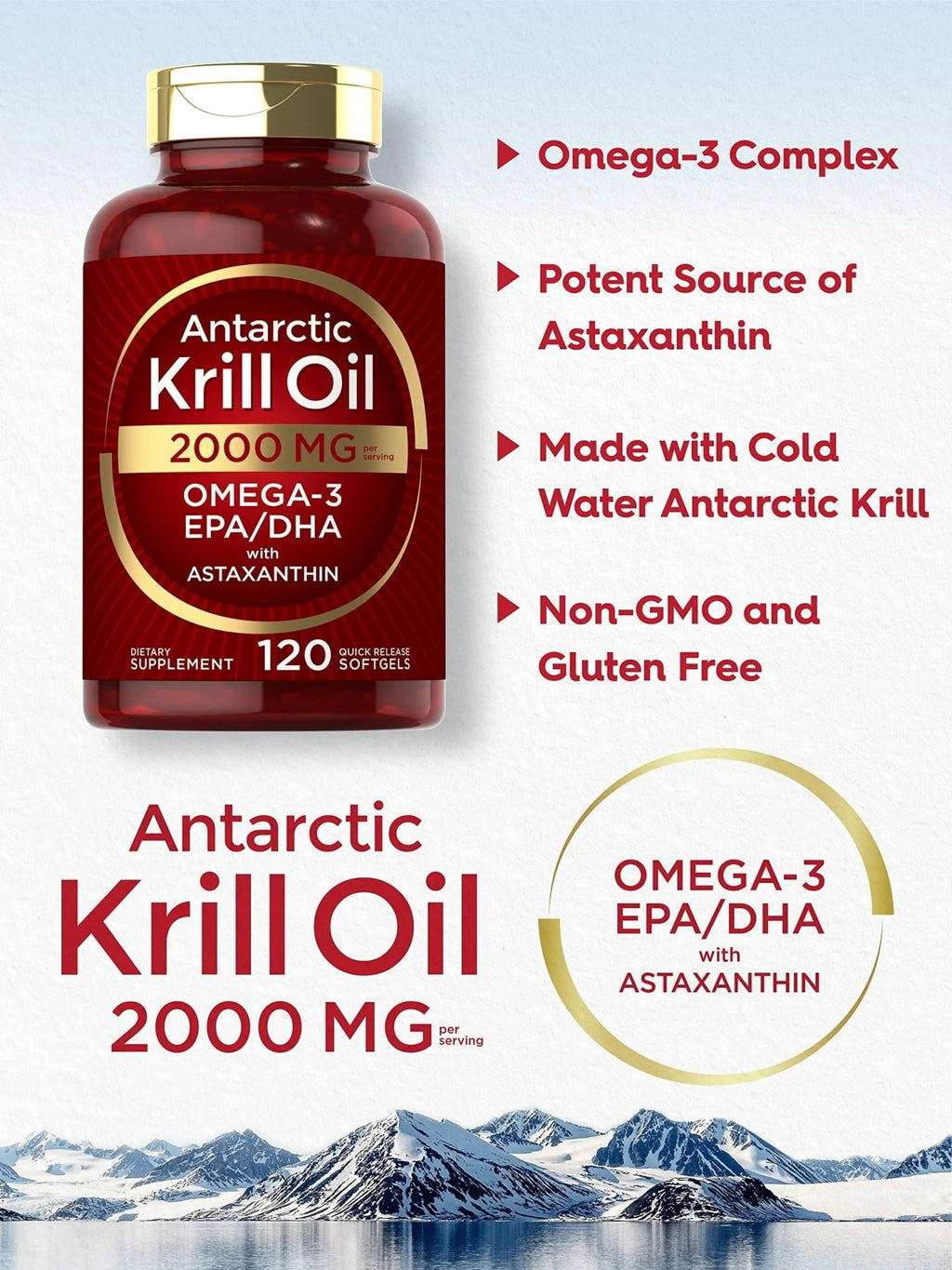 Carlyle Antarctic Krill Oil 2000 mg 120 Softgels | Omega-3 EPA, DHA, with Astaxanthin - TrustMedUSA