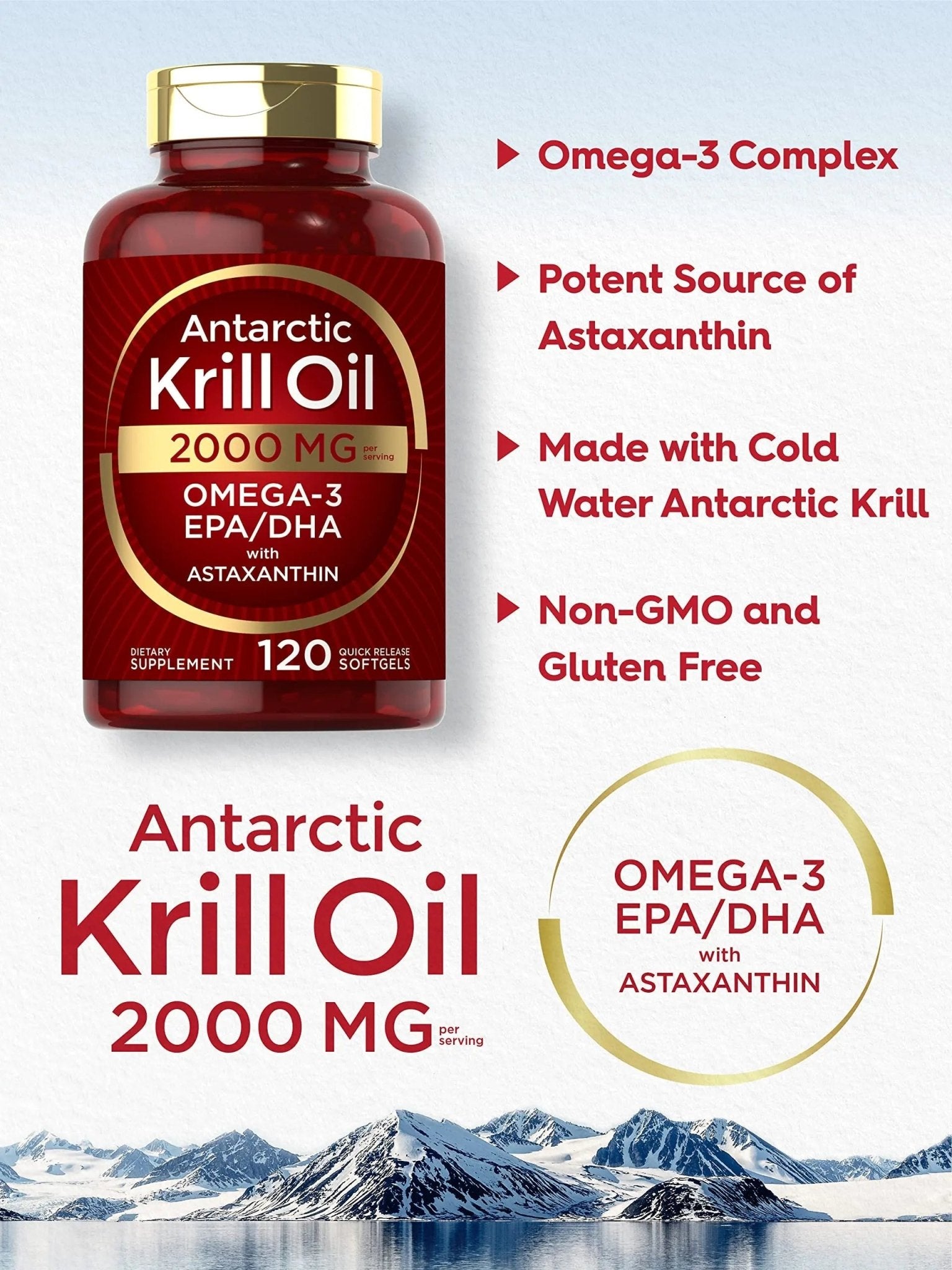 Carlyle Antarctic Krill Oil 2000 mg 120 Softgels | Omega-3 EPA, DHA, with Astaxanthin - TrustMedUSA