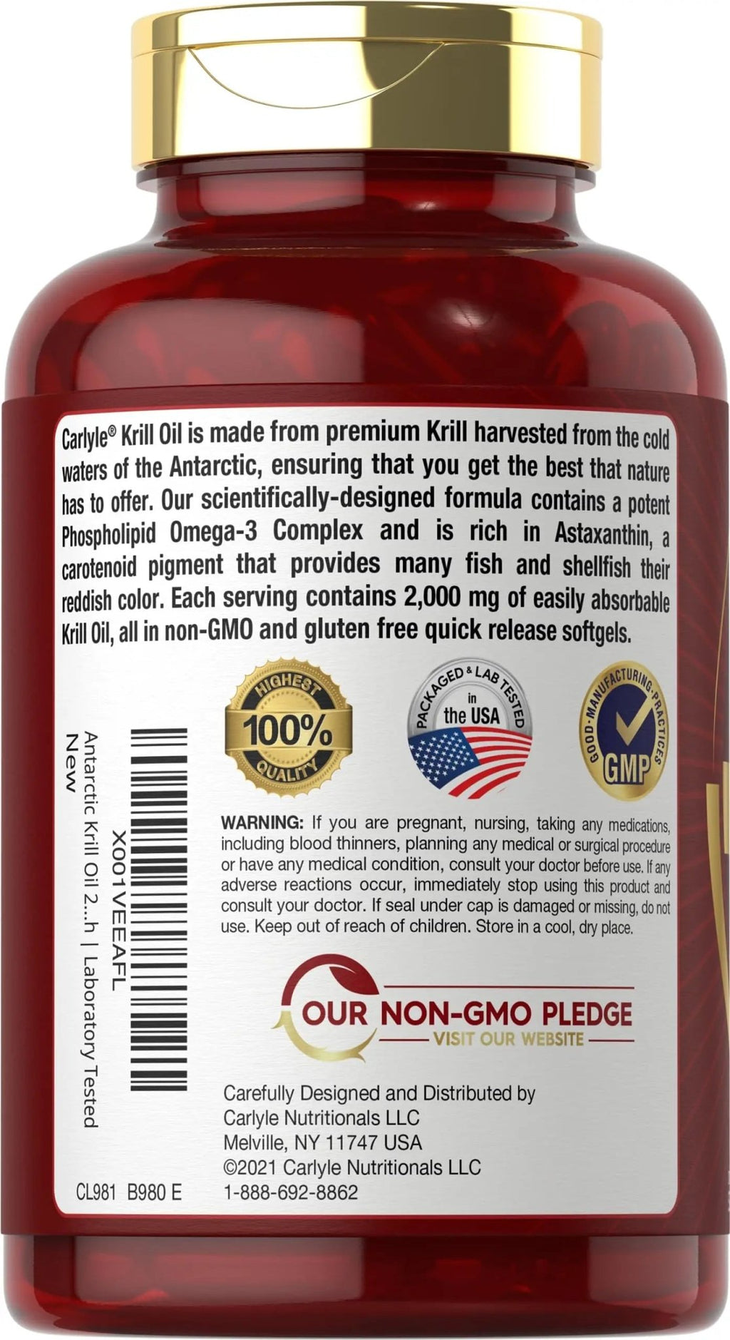 Carlyle Antarctic Krill Oil 2000 mg 120 Softgels | Omega-3 EPA, DHA, with Astaxanthin - TrustMedUSA