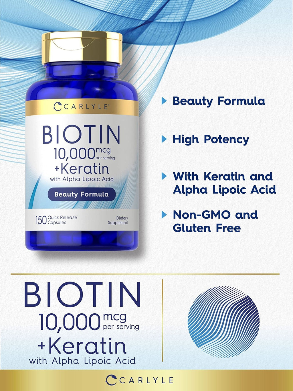 Carlyle Biotin 10000mcg | 150 Capsules | Beauty Formula with Keratin | Non-GMO, Gluten Free Supplement - Maple Wellness Supplements
