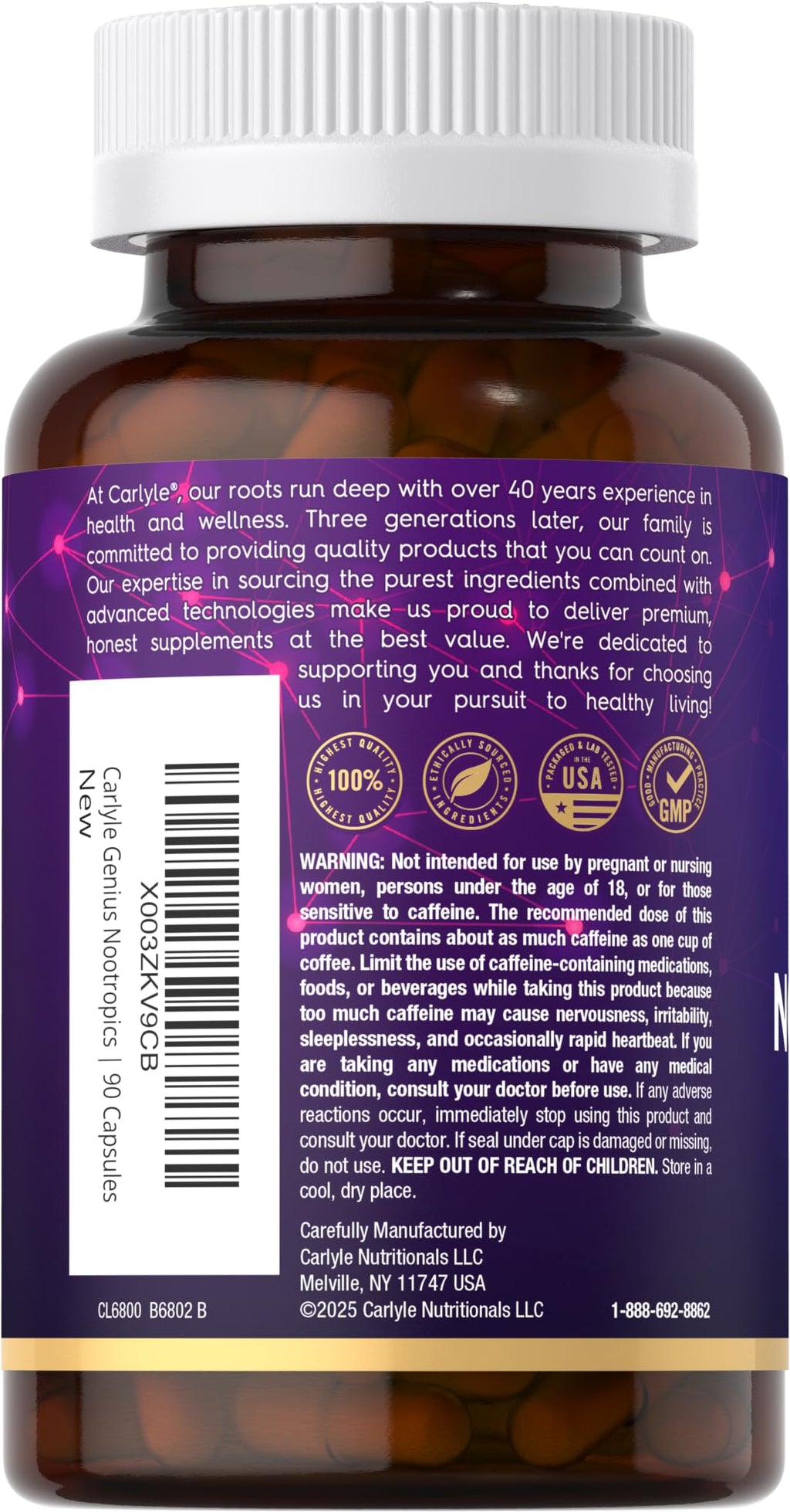 Carlyle Brain Nootropic Supplement | 90 Capsules | with Caffeine, B12, and Guarana Extract | Non-GMO & Gluten Free - TrustMedUSA