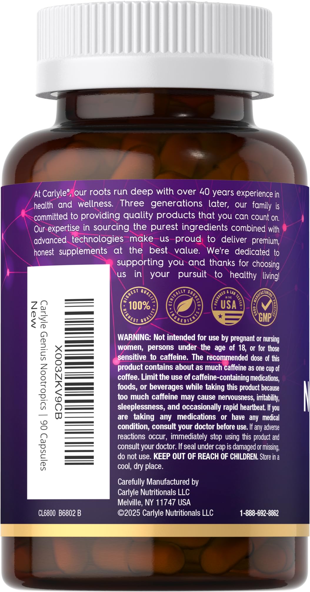 Carlyle Brain Nootropic Supplement | 90 Capsules | with Caffeine, B12, and Guarana Extract | Non-GMO & Gluten Free - TrustMedUSA