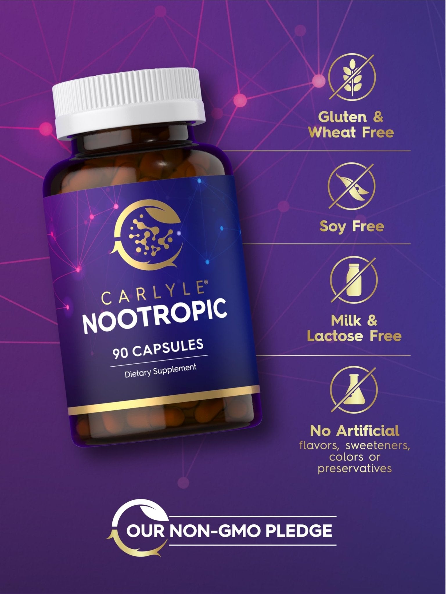 Carlyle Brain Nootropic Supplement | 90 Capsules | with Caffeine, B12, and Guarana Extract | Non-GMO & Gluten Free - TrustMedUSA