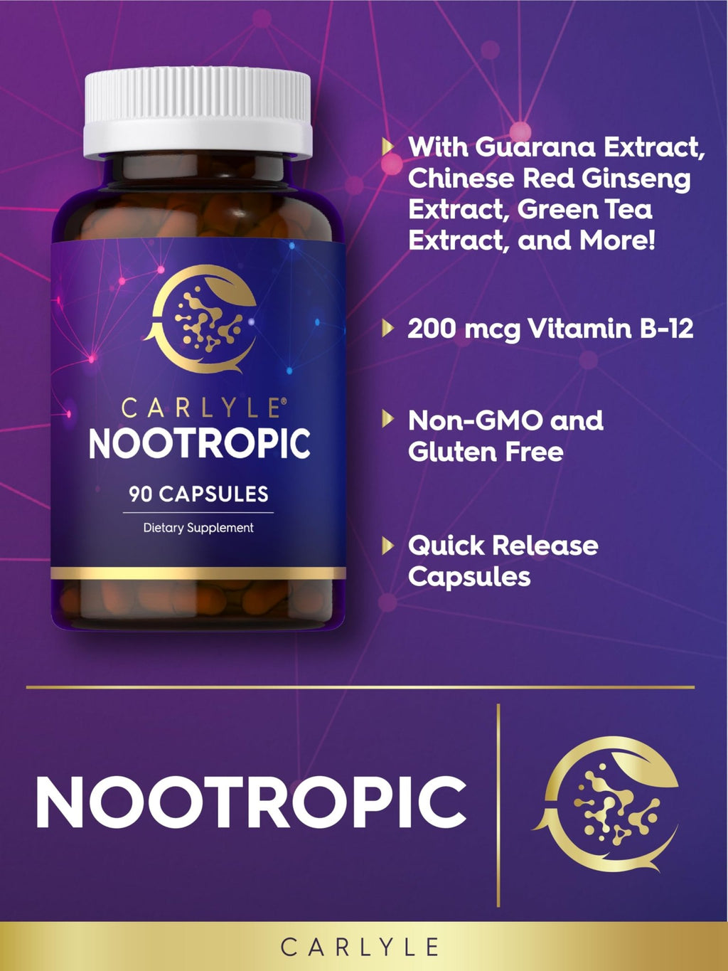 Carlyle Brain Nootropic Supplement | 90 Capsules | with Caffeine, B12, and Guarana Extract | Non-GMO & Gluten Free - TrustMedUSA